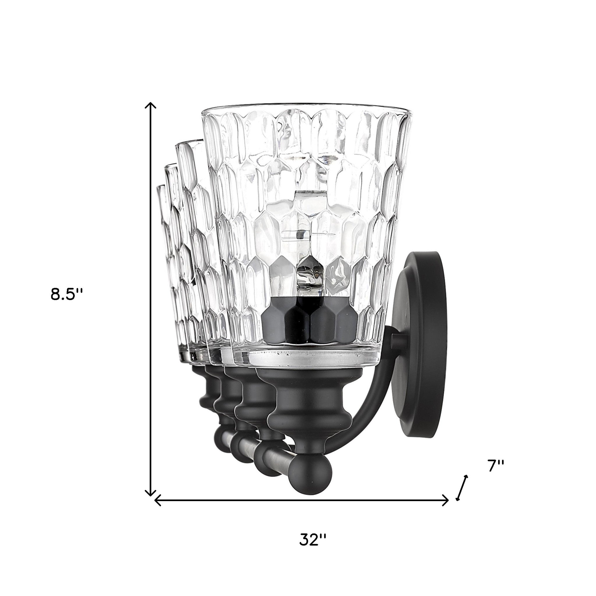 Mae 4-light matte black bathroom vanity light with clear optic glass shades – transitional dimmable bath fixture shown with dimensions of 8 point 5 inches high by 32 inches wide by 7 inches deep