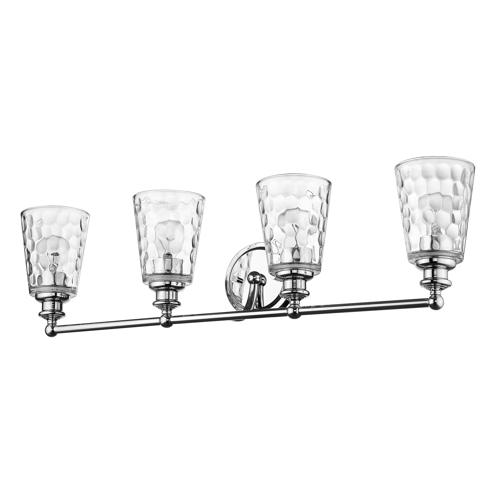 Right side bottom up angle view of the Mae 4-light chrome bathroom vanity light with clear optic glass shades – transitional dimmable bath fixture.