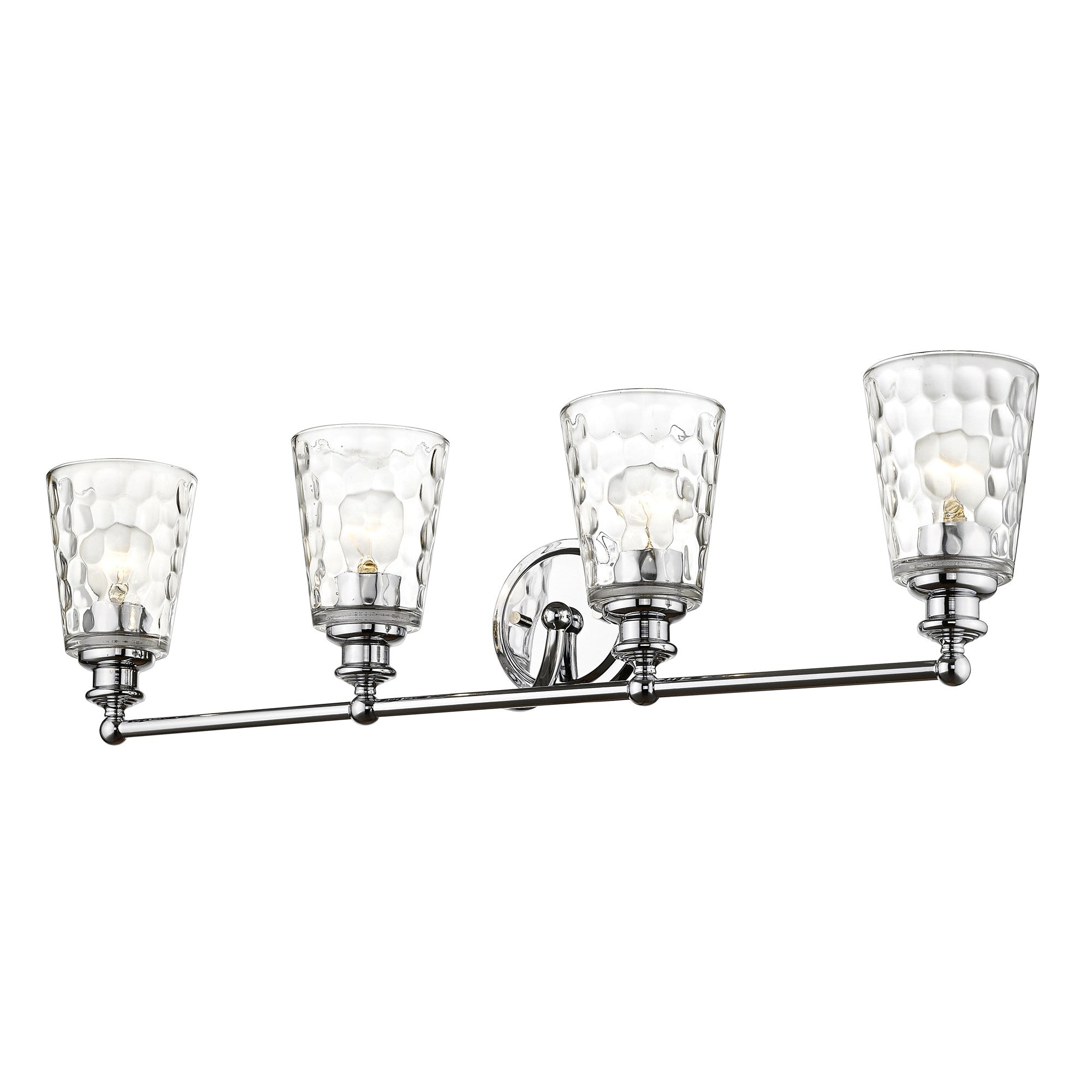 Right side bottom up angle view of the lighted Mae 4-light chrome bathroom vanity light with clear optic glass shades – transitional dimmable bath fixture.
