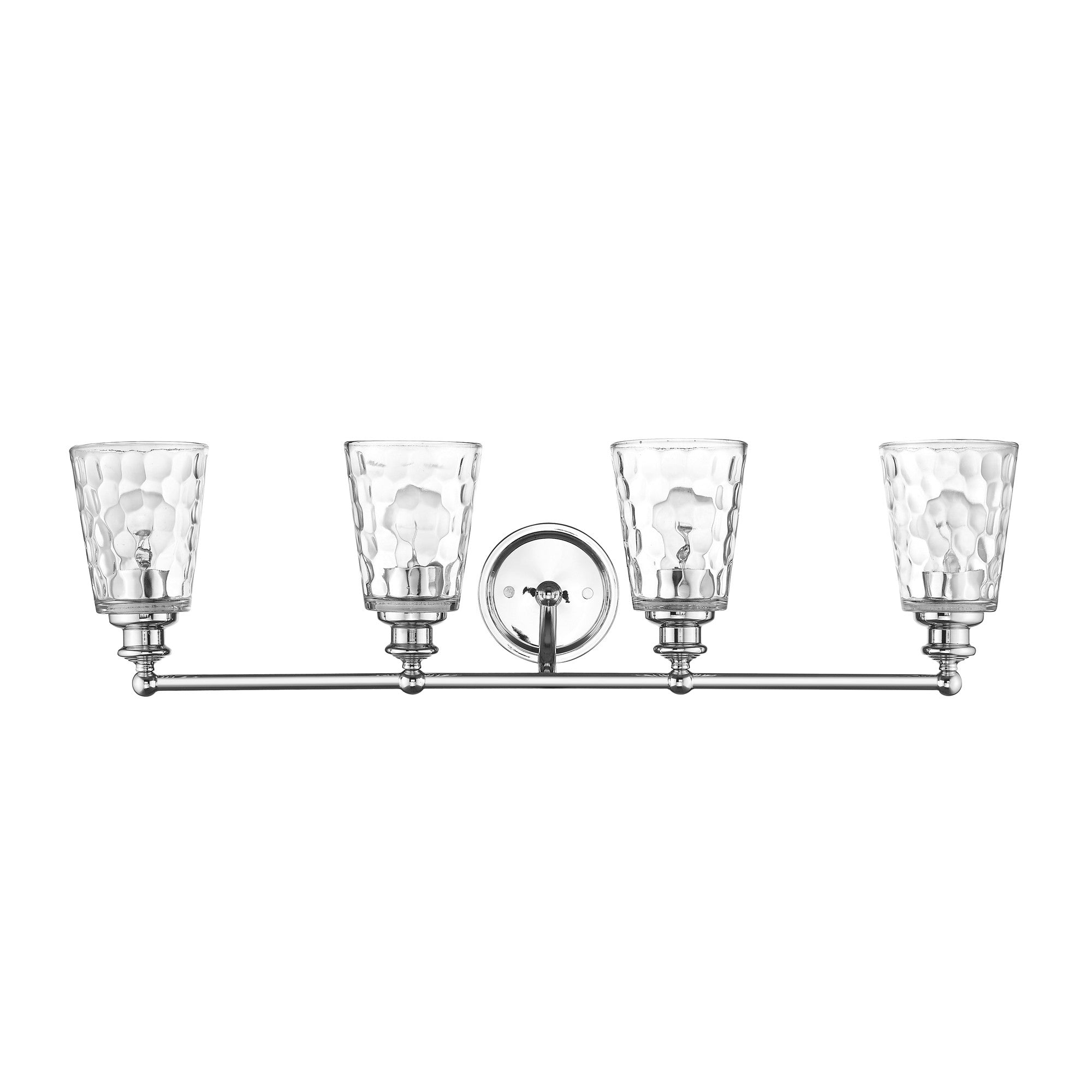 Front view of the Mae 4-light chrome bathroom vanity light with clear optic glass shades – transitional dimmable bath fixture.
