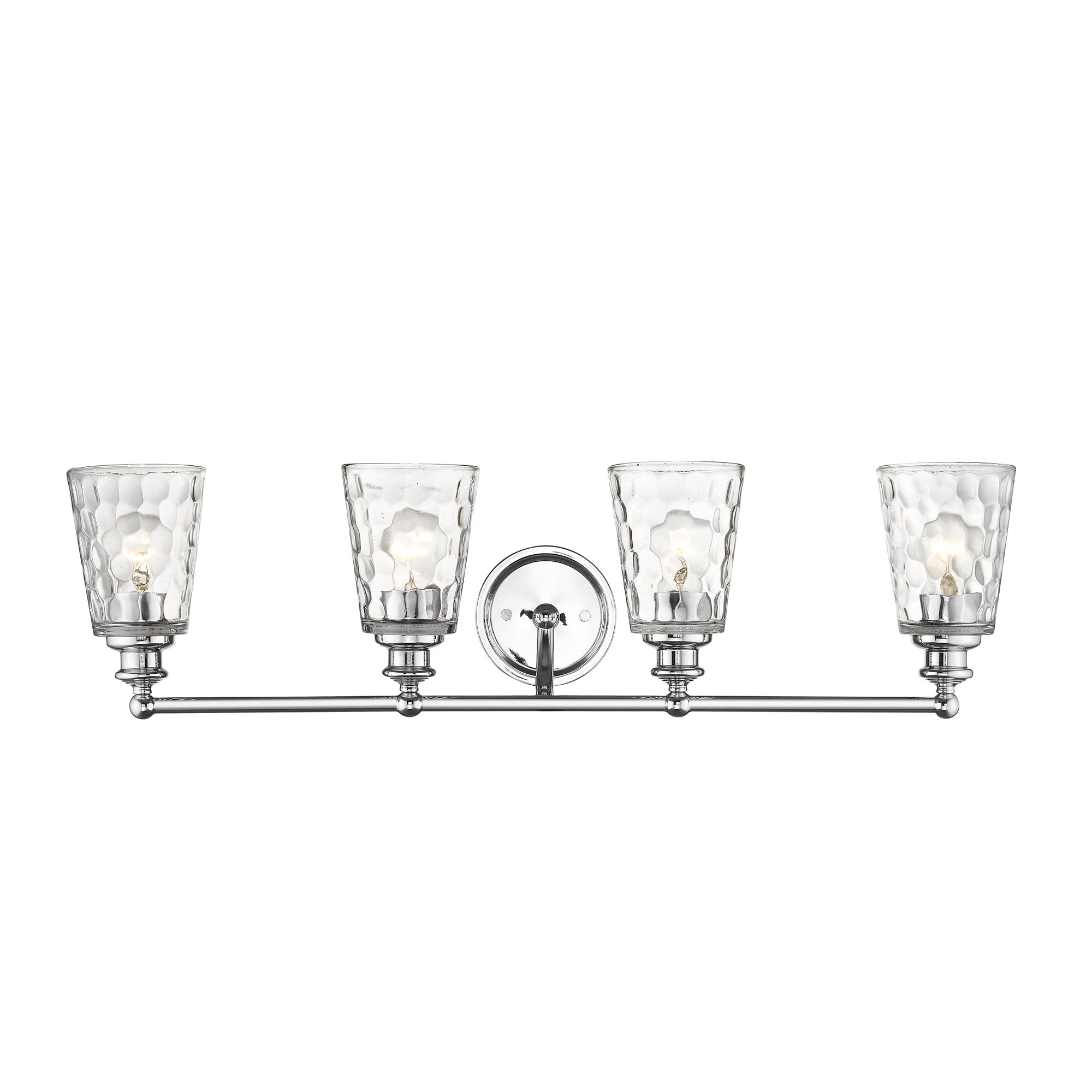 Front view of the lighted Mae 4-light chrome bathroom vanity light with clear optic glass shades – transitional dimmable bath fixture.