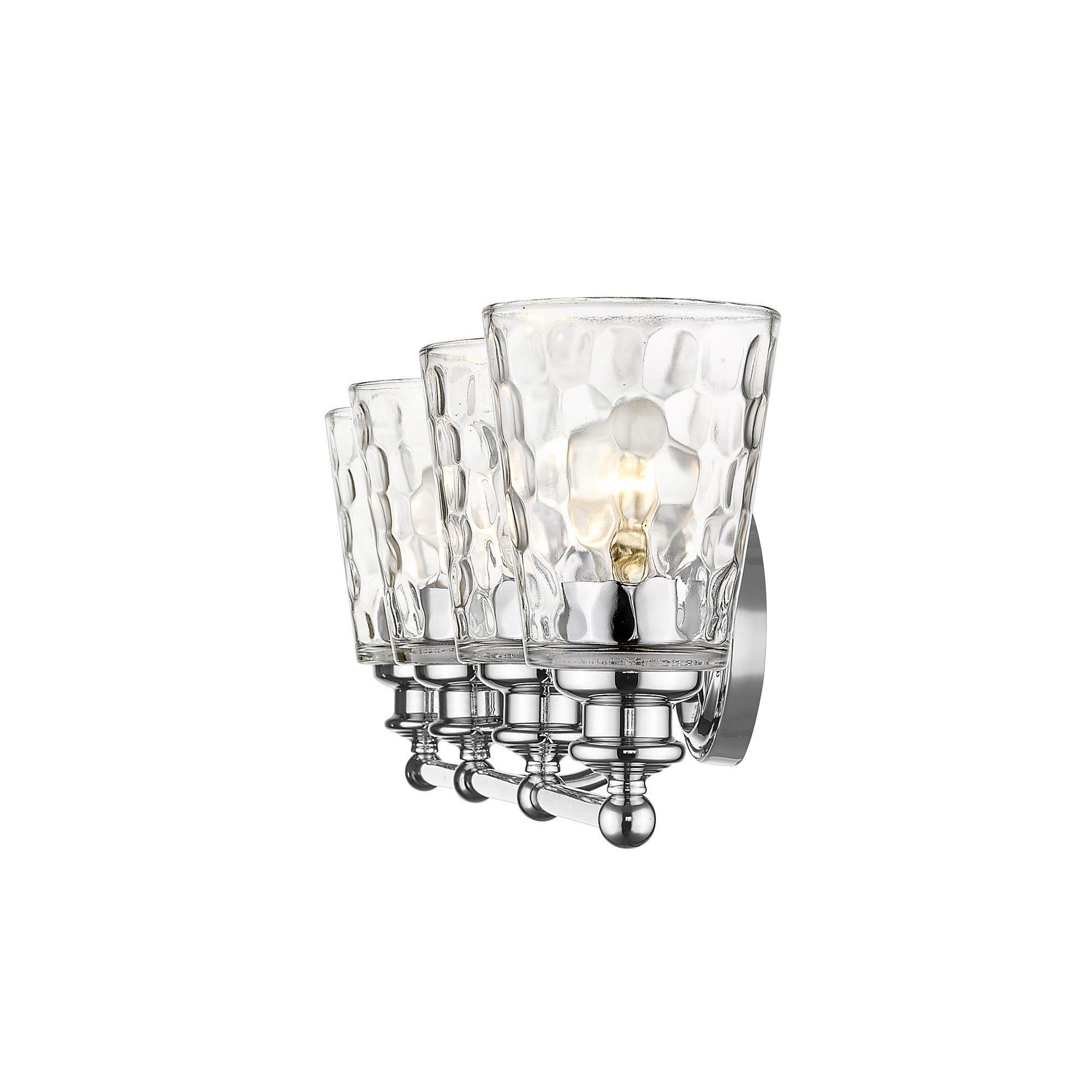 Side view of the lighted Mae 4-light chrome bathroom vanity light with clear optic glass shades – transitional dimmable bath fixture.