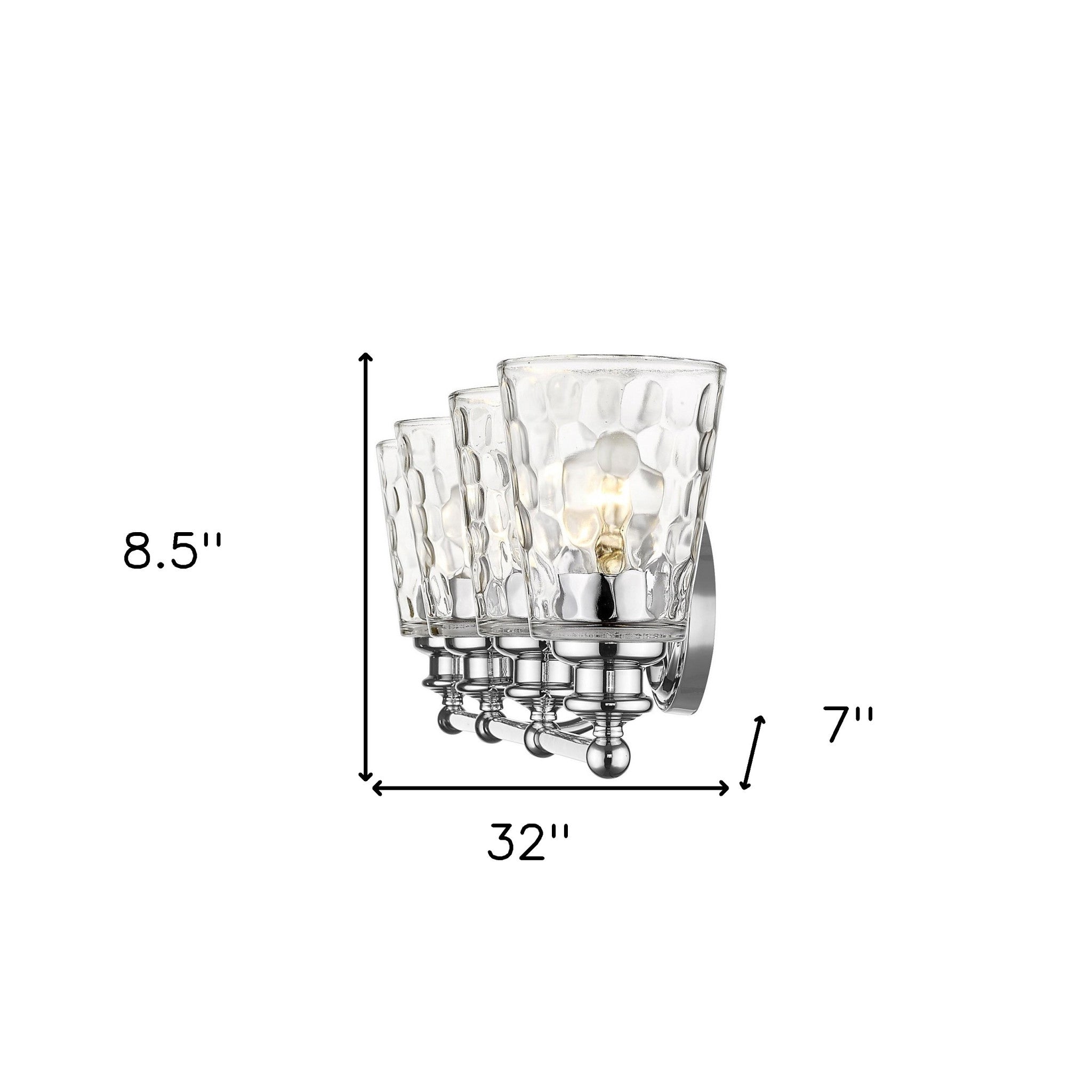 Mae 4-light chrome bathroom vanity light with clear optic glass shades – transitional dimmable bath fixture shown with dimensions of 8 point 5 inches high by 32 inches wide by 7 inches deep