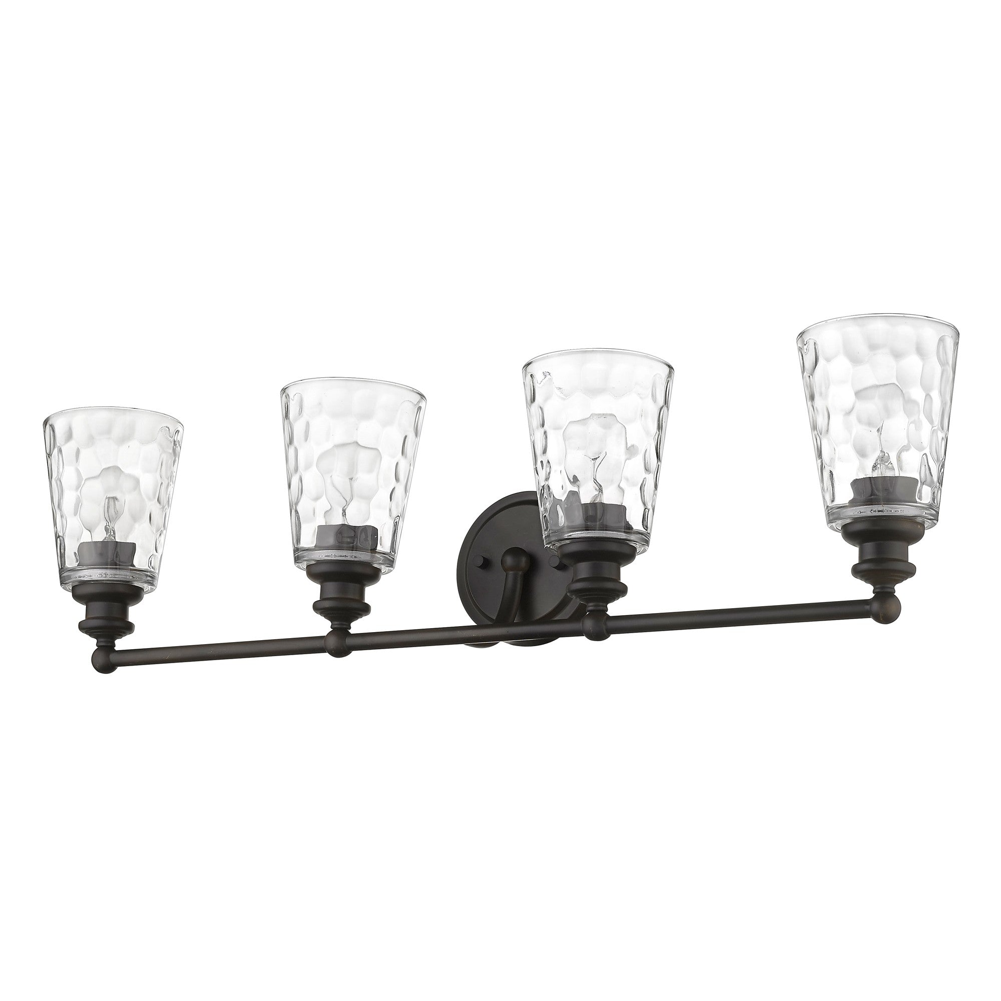 Right side bottom up angle view of the Mae 4-light oil-rubbed bronze bathroom vanity light with clear optic glass shades – transitional dimmable bath fixture.