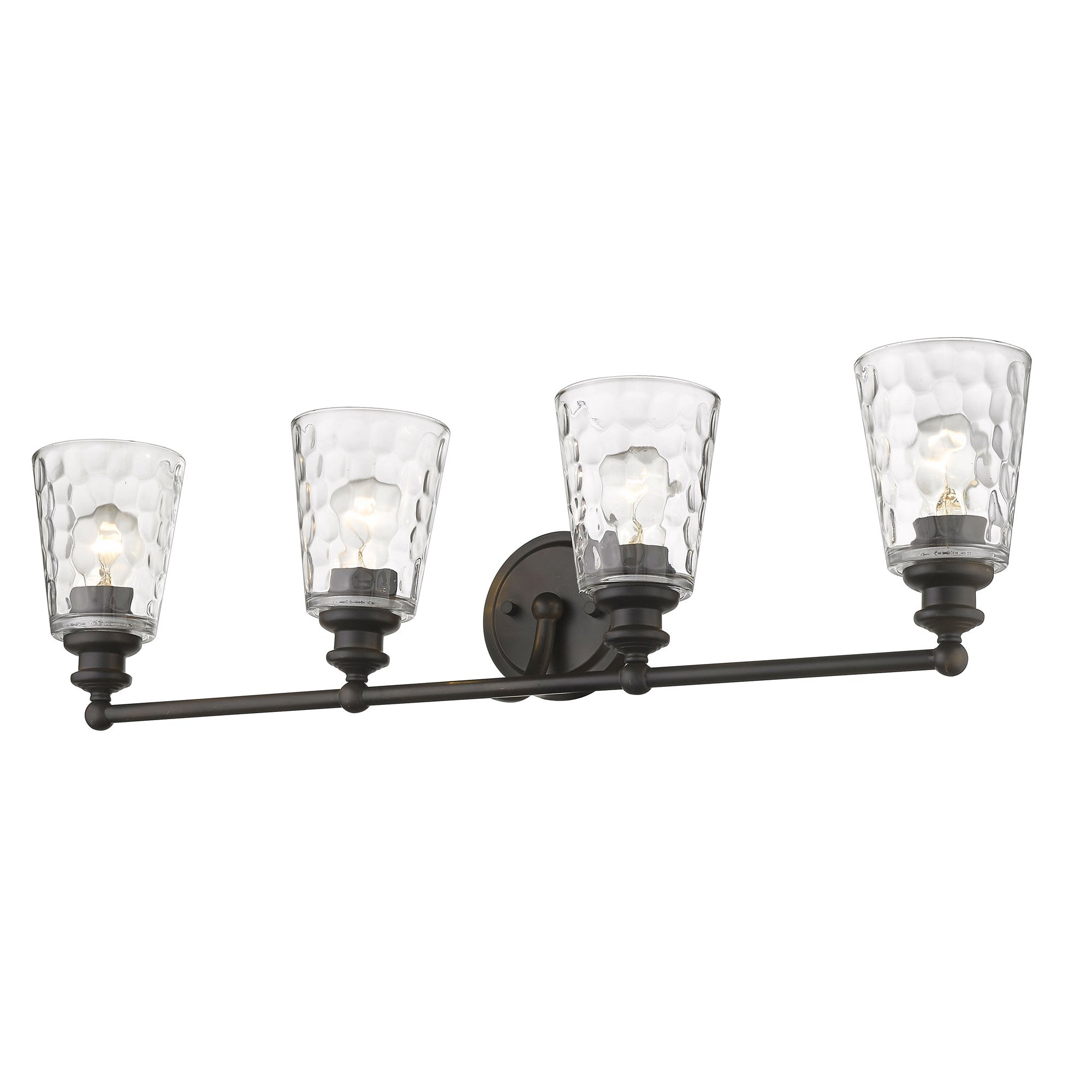 Right side bottom up angle view of the lighted Mae 4-light oil-rubbed bronze bathroom vanity light with clear optic glass shades – transitional dimmable bath fixture.