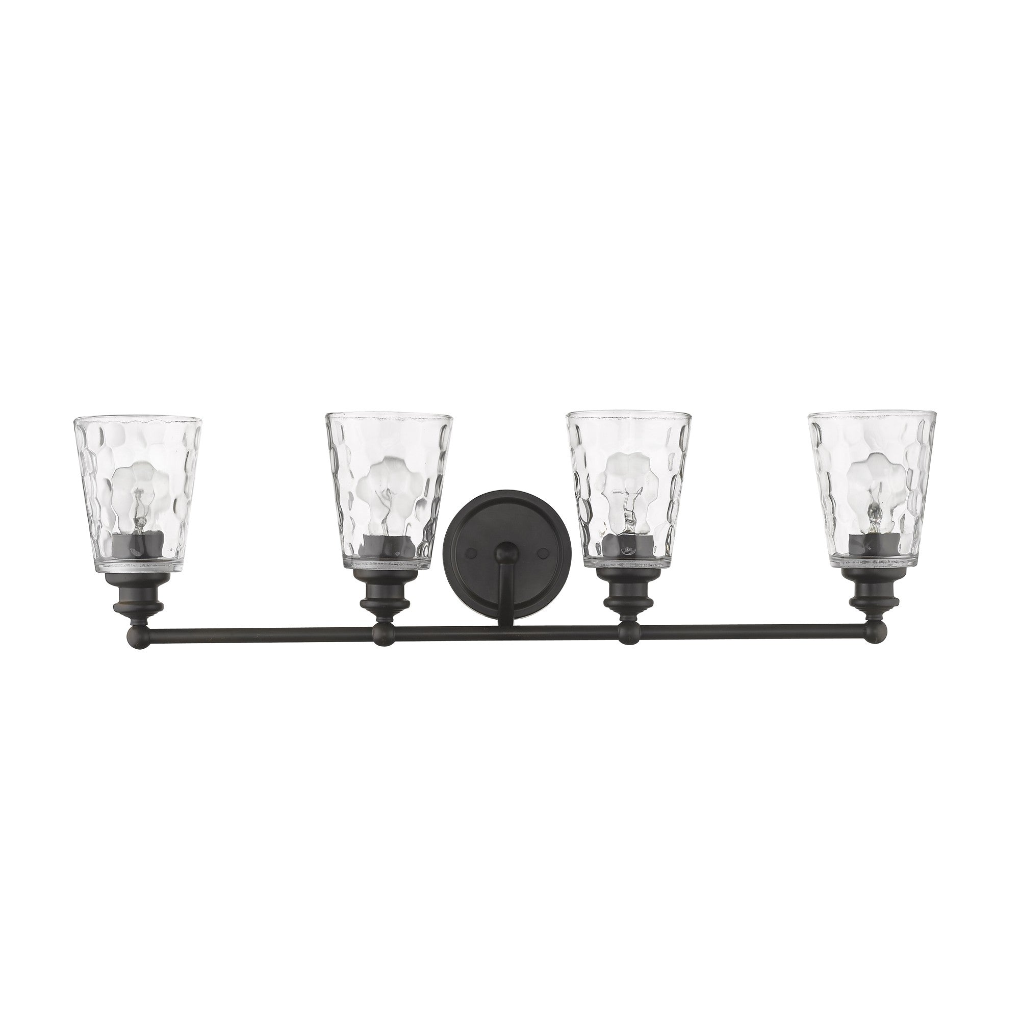 Front view of the Mae 4-light oil-rubbed bronze bathroom vanity light with clear optic glass shades – transitional dimmable bath fixture.