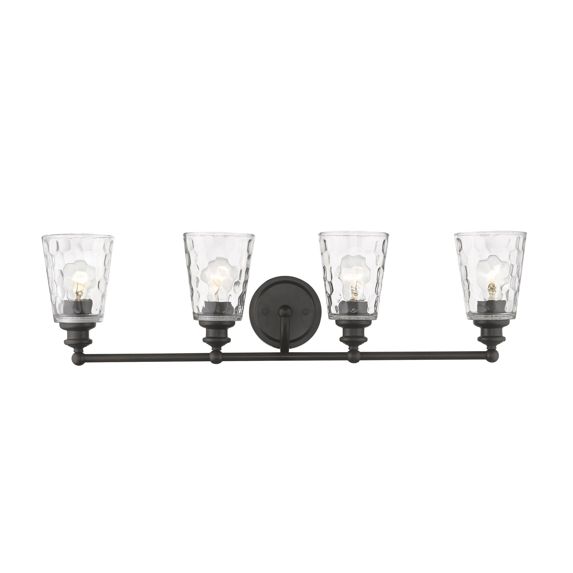 Front view of the lighted Mae 4-light oil-rubbed bronze bathroom vanity light with clear optic glass shades – transitional dimmable bath fixture.