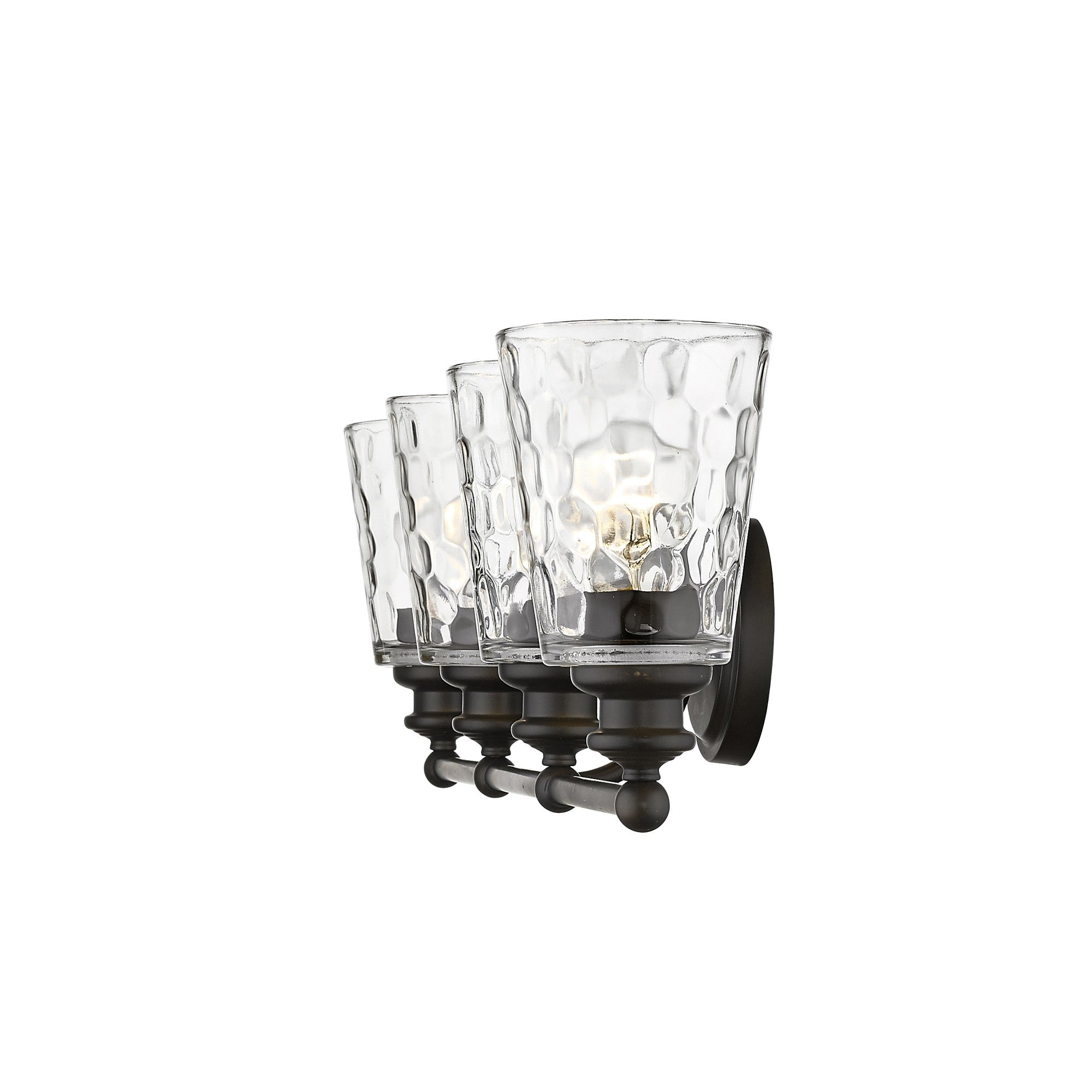 Side view of the lighted Mae 4-light oil-rubbed bronze bathroom vanity light with clear optic glass shades – transitional dimmable bath fixture.