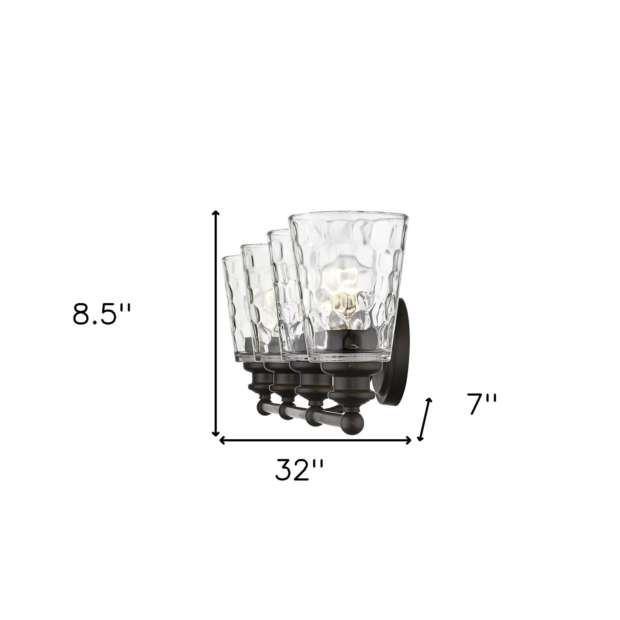 Mae 4-light oil-rubbed bronze bathroom vanity light with clear optic glass shades – transitional dimmable bath fixture shown with dimensions of 8 point 5 inches high by 32 inches wide by 7 inches deep