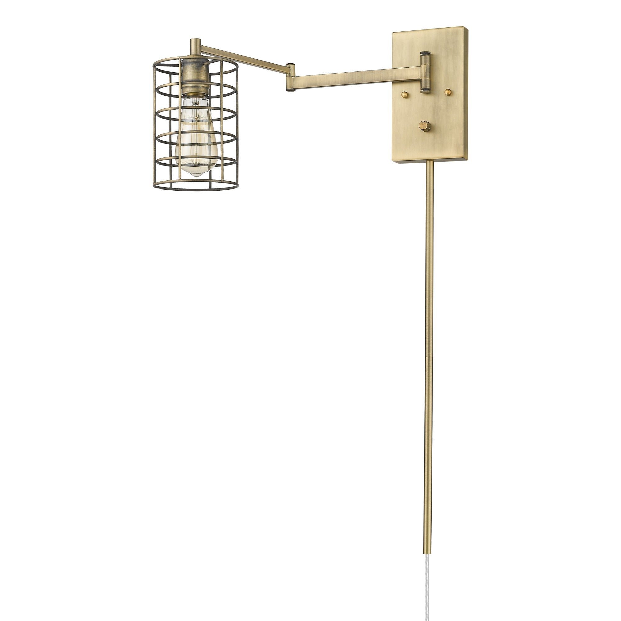 Right side angle view of the Industrial gold metal wall sconce with adjustable swing arm and caged shade – modern industrial indoor lighting fixture.