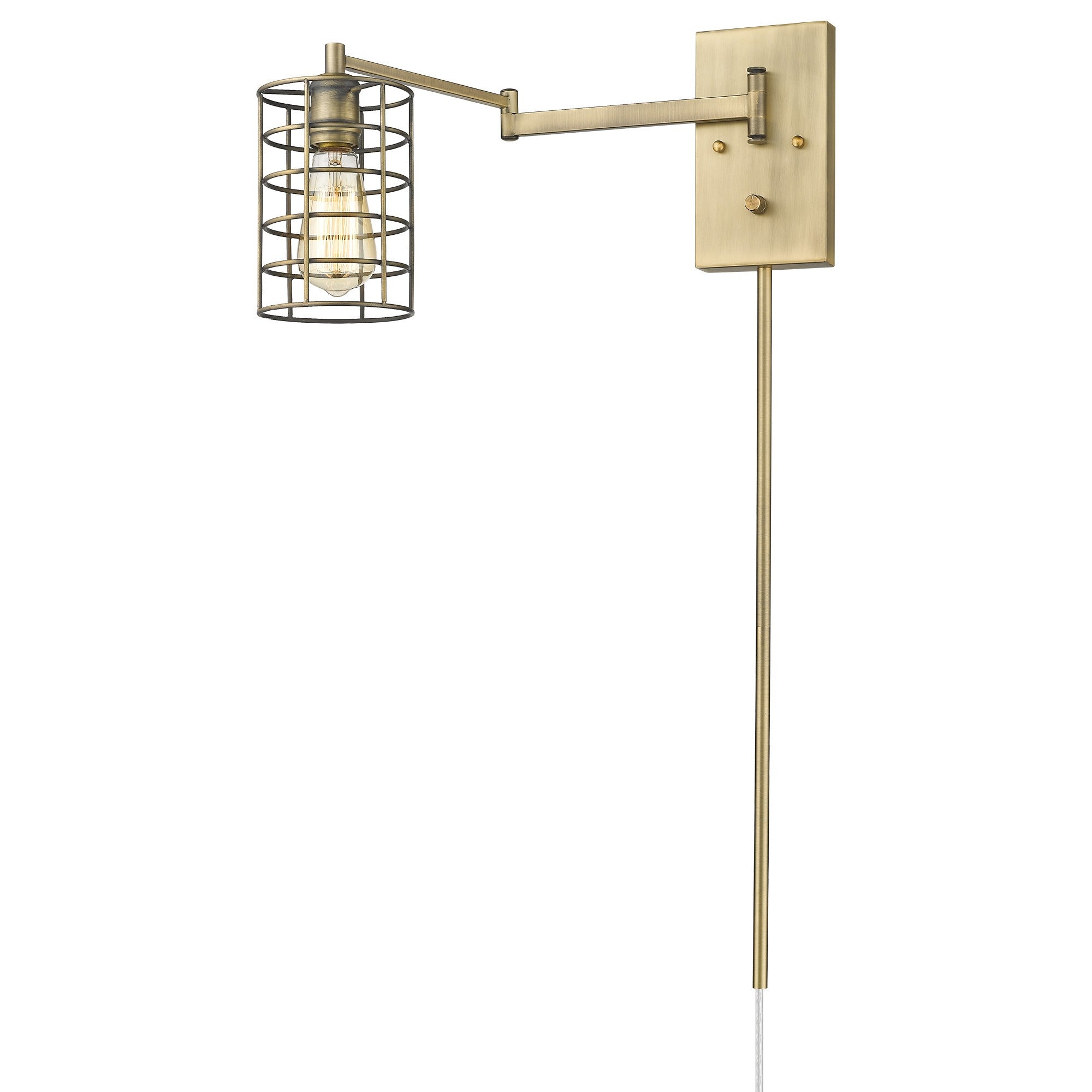 Right side angle view of the lighted Industrial gold metal wall sconce with adjustable swing arm and caged shade – modern industrial indoor lighting fixture.