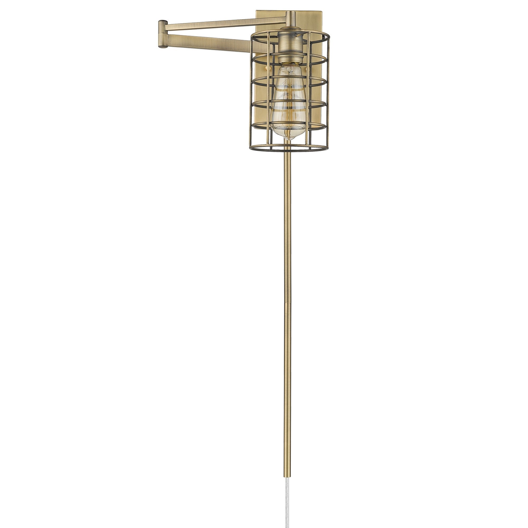 Front view of the Industrial gold metal wall sconce with adjustable swing arm and caged shade – modern industrial indoor lighting fixture.