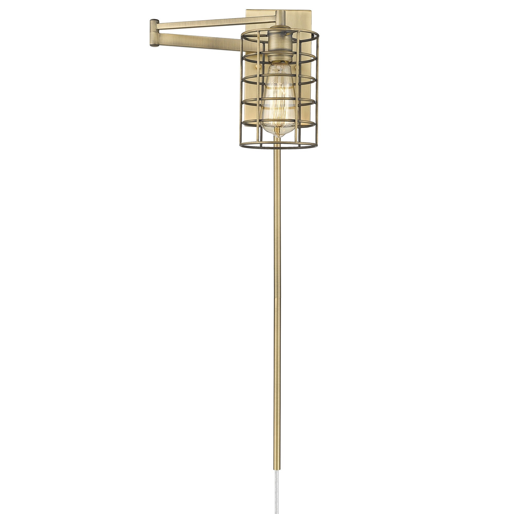 Front view of the lighted Industrial gold metal wall sconce with adjustable swing arm and caged shade – modern industrial indoor lighting fixture.