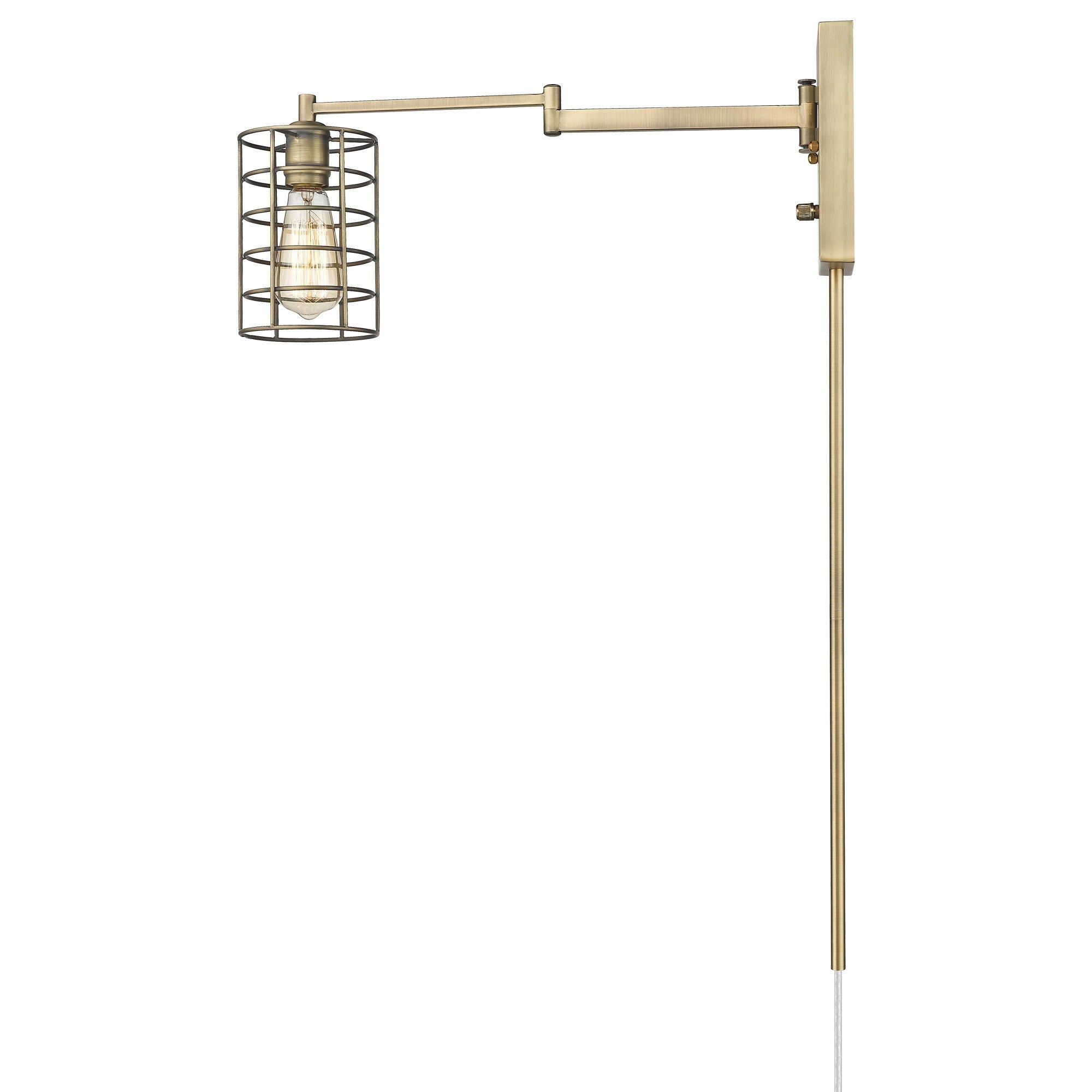 SIde view of the Industrial gold metal wall sconce with adjustable swing arm and caged shade – modern industrial indoor lighting fixture.