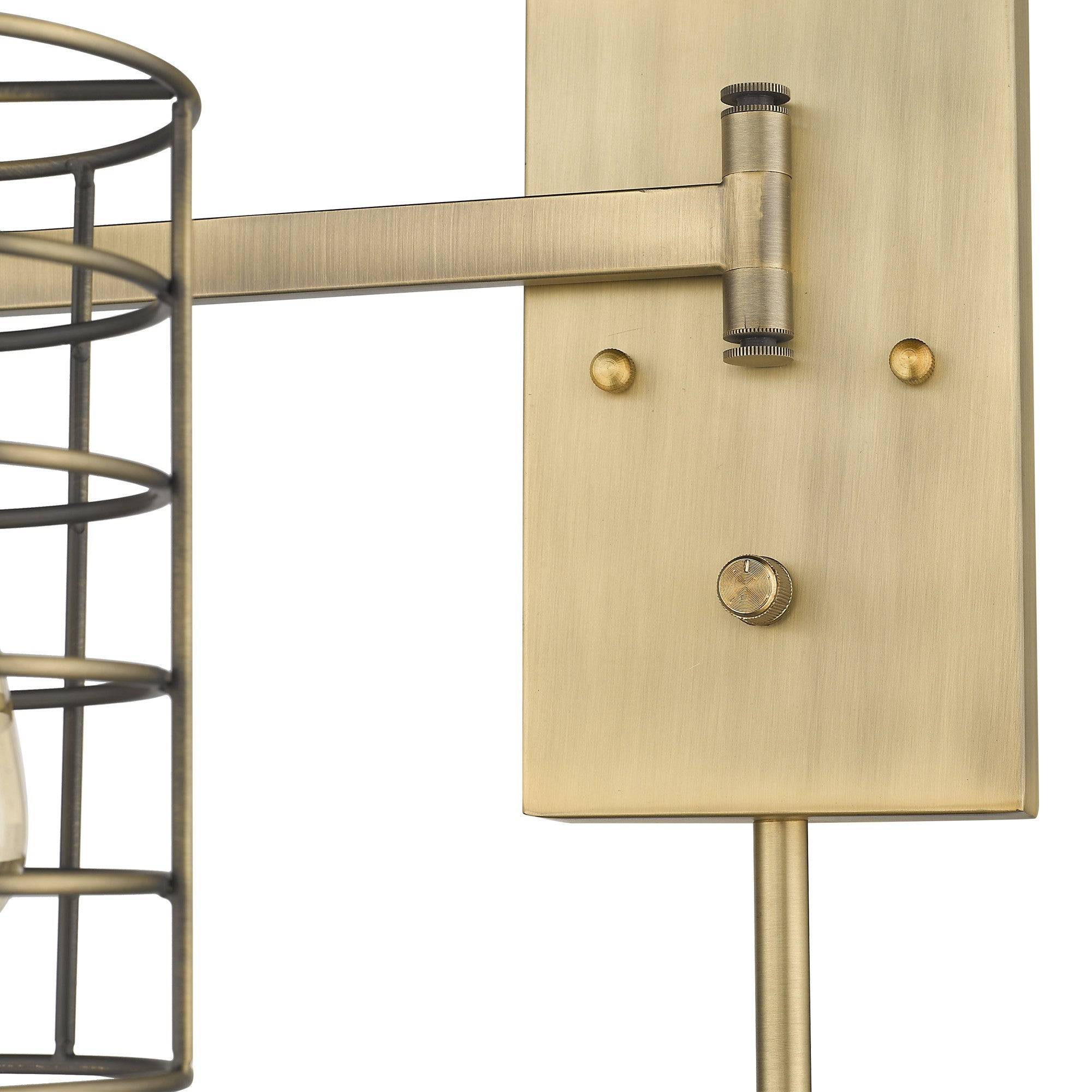Zoomed in view of the wall plate and swing arm of the Industrial gold metal wall sconce with adjustable swing arm and caged shade – modern industrial indoor lighting fixture.
