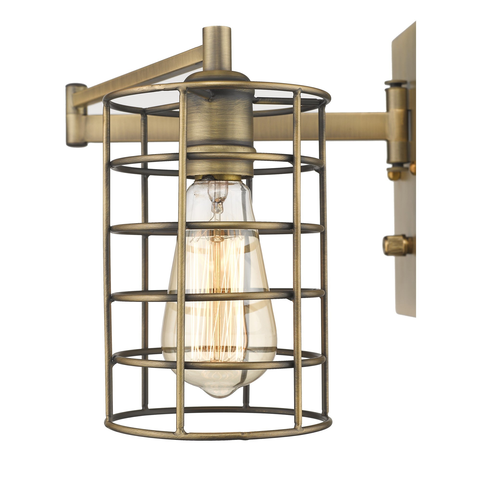 Zoomed in view of the swing arm and light cage of the lighted Industrial gold metal wall sconce with adjustable swing arm and caged shade – modern industrial indoor lighting fixture.