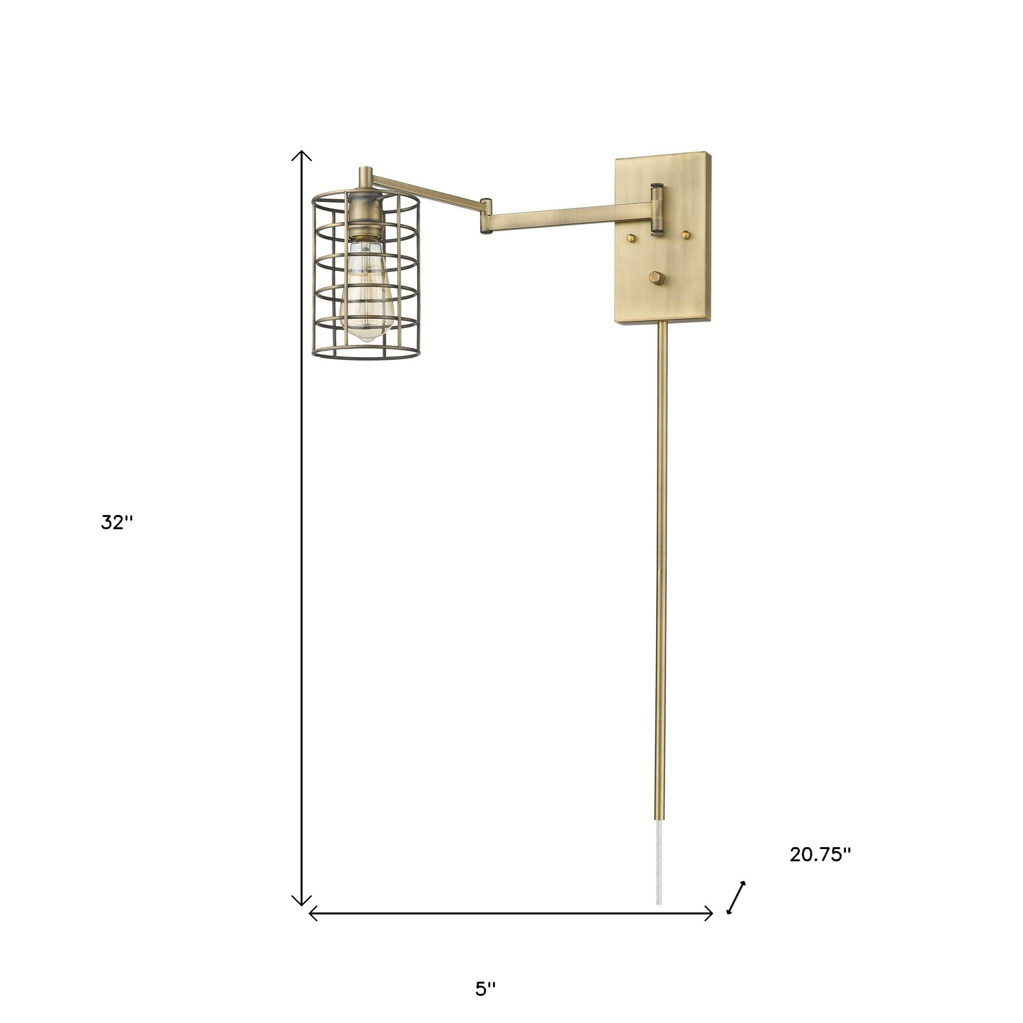 Industrial gold metal wall sconce with adjustable swing arm and caged shade – modern industrial indoor lighting fixture shown with dimensions of 32 inches high by 5 inches wide by 20 point 75 inches deep
