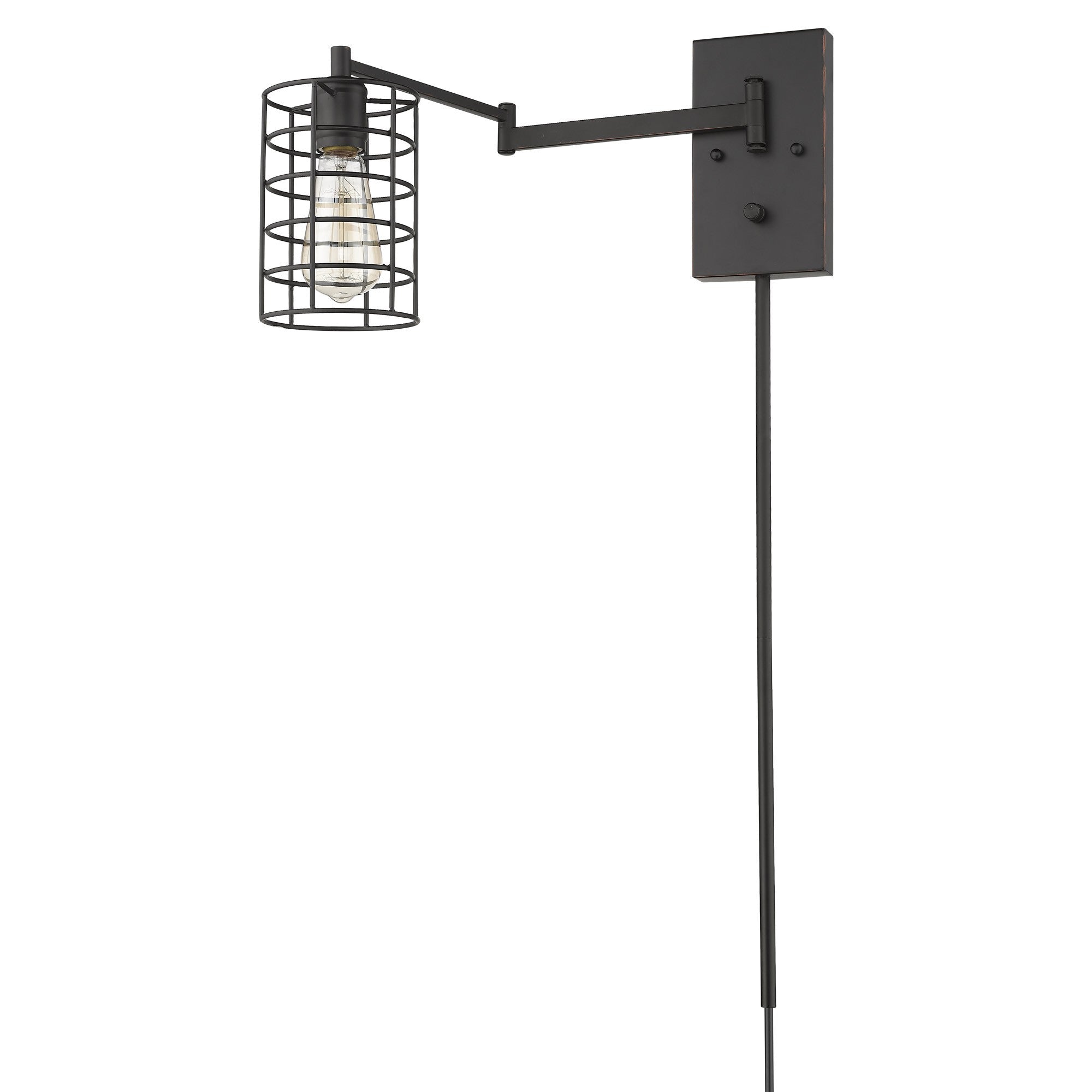 Right side angle view of the Industrial bronze metal wall sconce with adjustable swing arm and caged shade – vintage industrial indoor lighting fixture.
