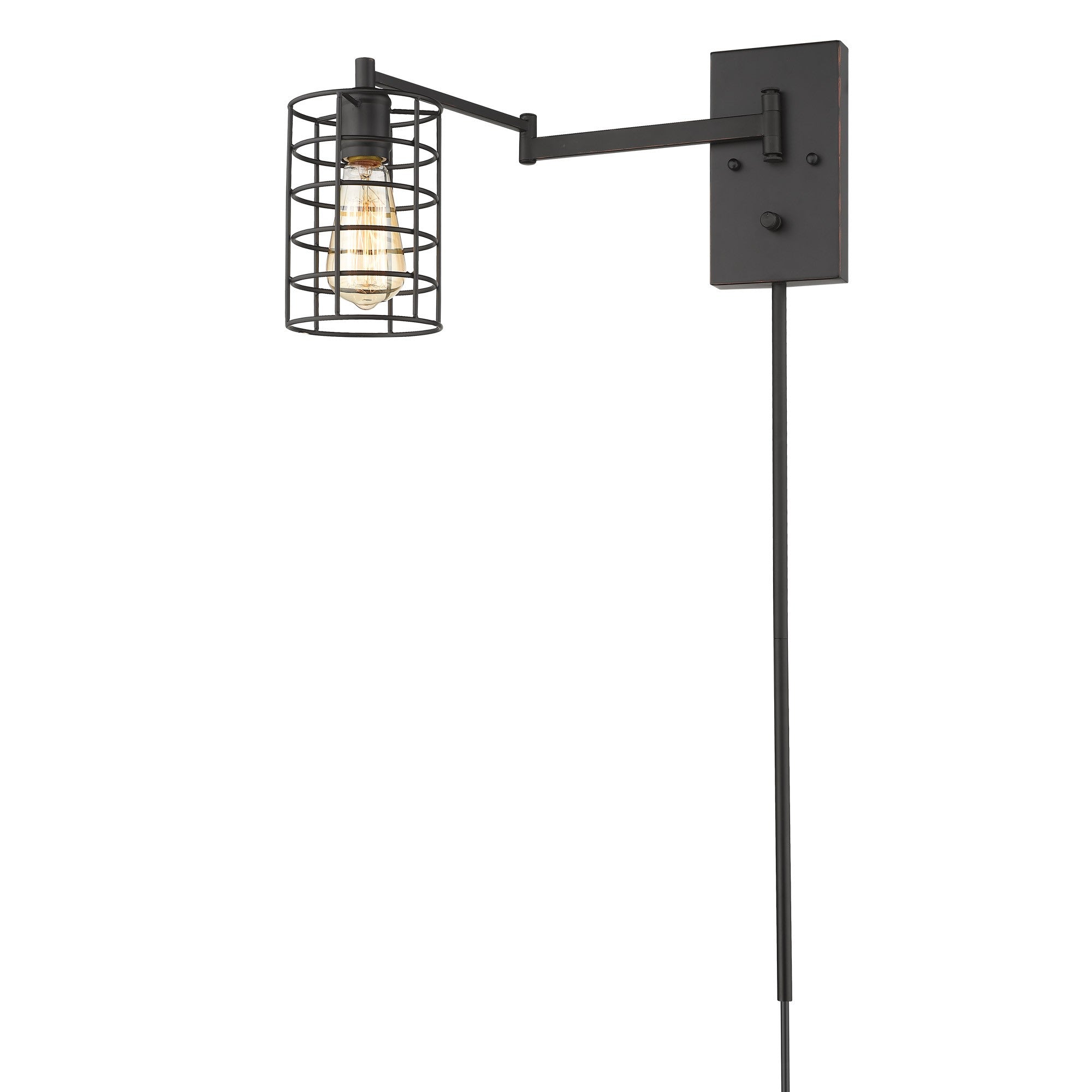 Right side angle view of the lighted Industrial bronze metal wall sconce with adjustable swing arm and caged shade – vintage industrial indoor lighting fixture.