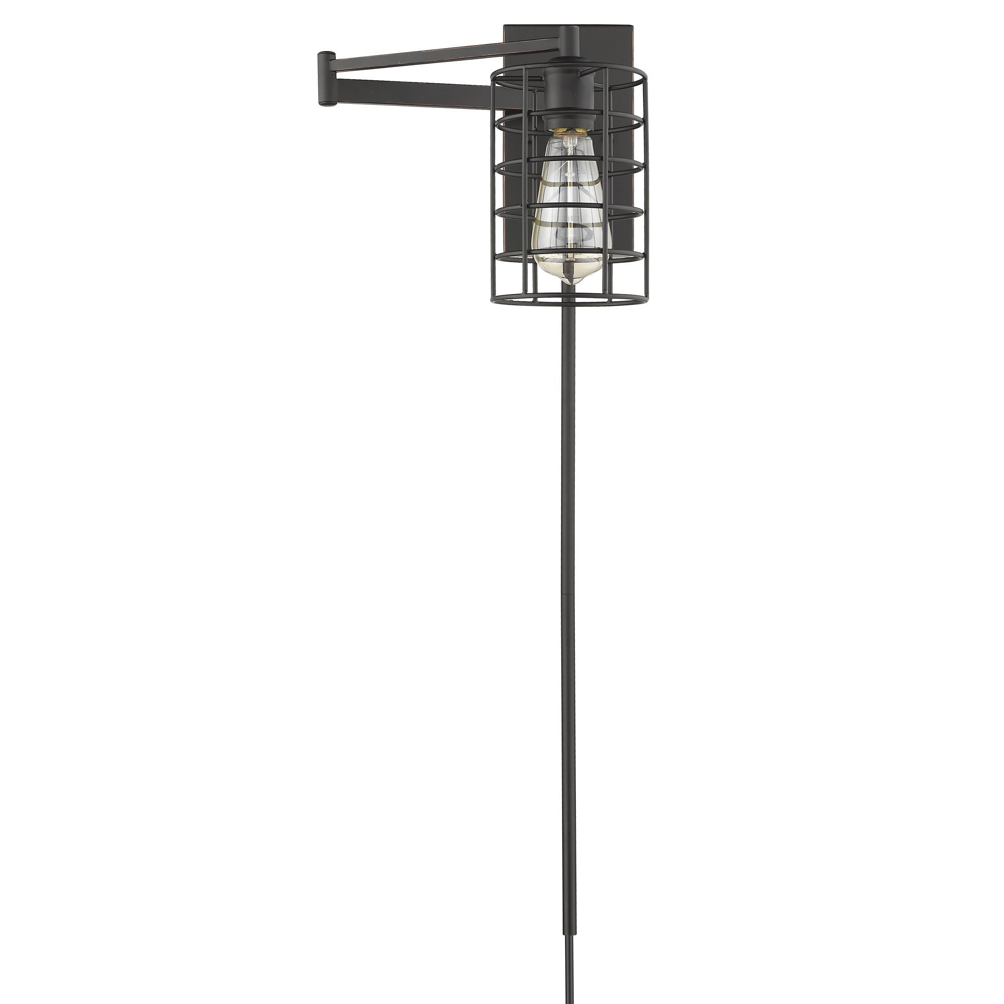 Front view of the Industrial bronze metal wall sconce with adjustable swing arm and caged shade – vintage industrial indoor lighting fixture.