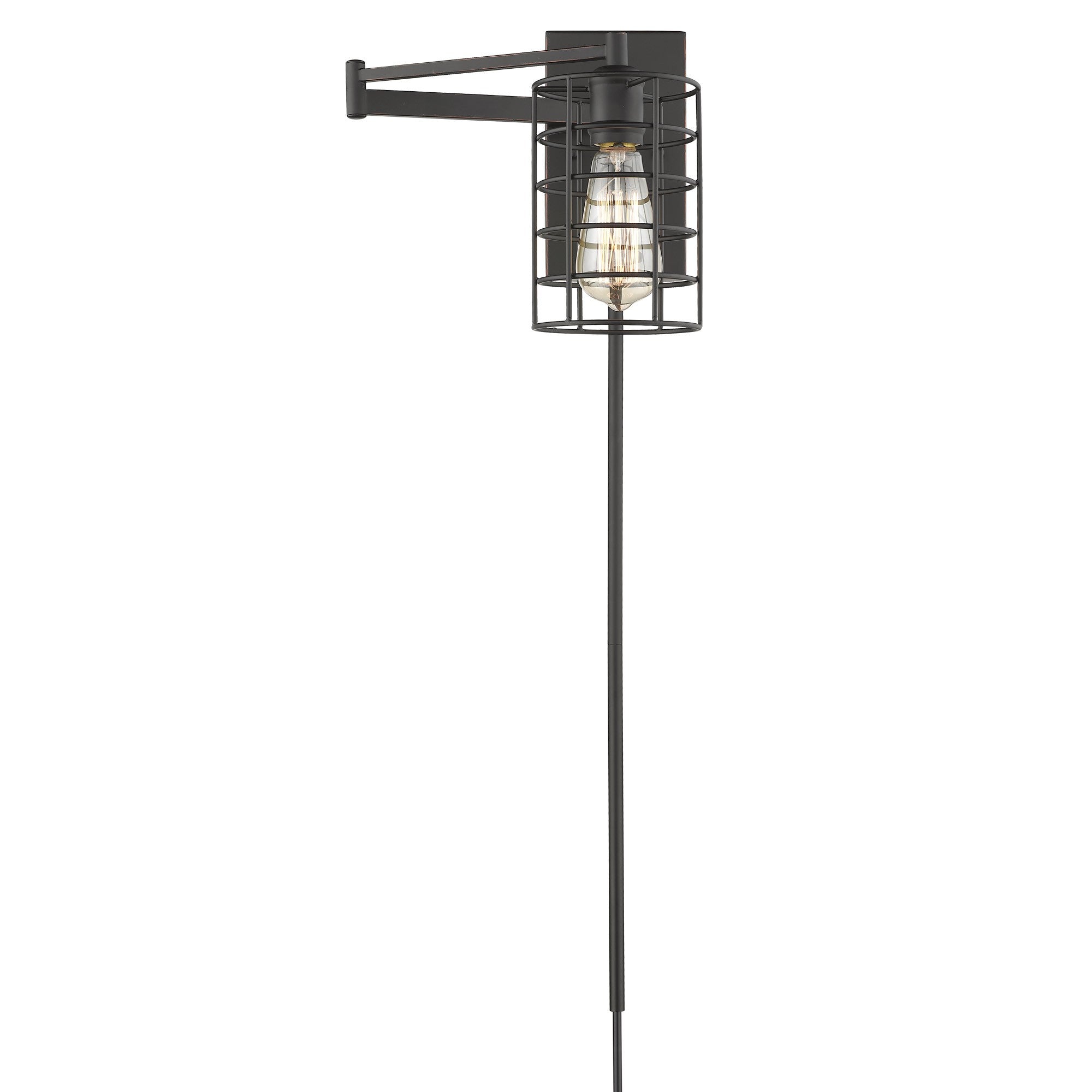 Front view of the lighted Industrial bronze metal wall sconce with adjustable swing arm and caged shade – vintage industrial indoor lighting fixture.