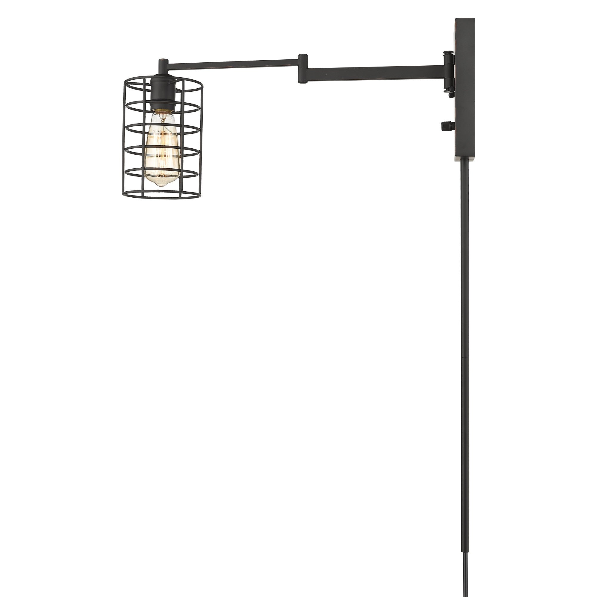 Side view of the lighted Industrial bronze metal wall sconce with adjustable swing arm and caged shade – vintage industrial indoor lighting fixture.