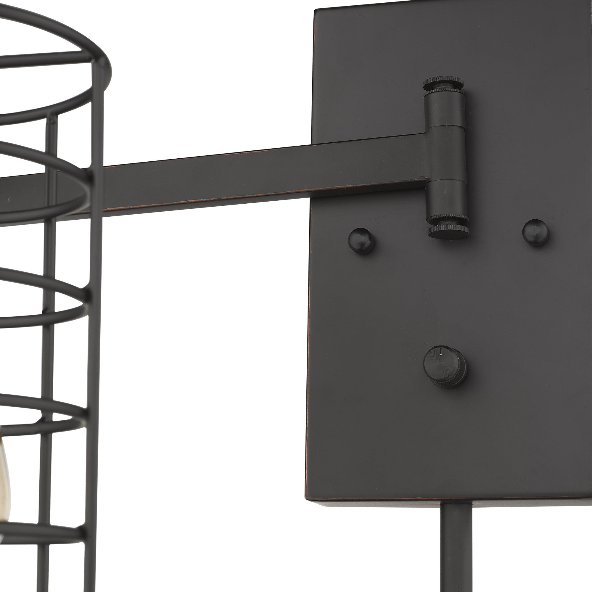 Zoomed in view of the wall plate and swing arm of the Industrial bronze metal wall sconce with adjustable swing arm and caged shade – vintage industrial indoor lighting fixture.