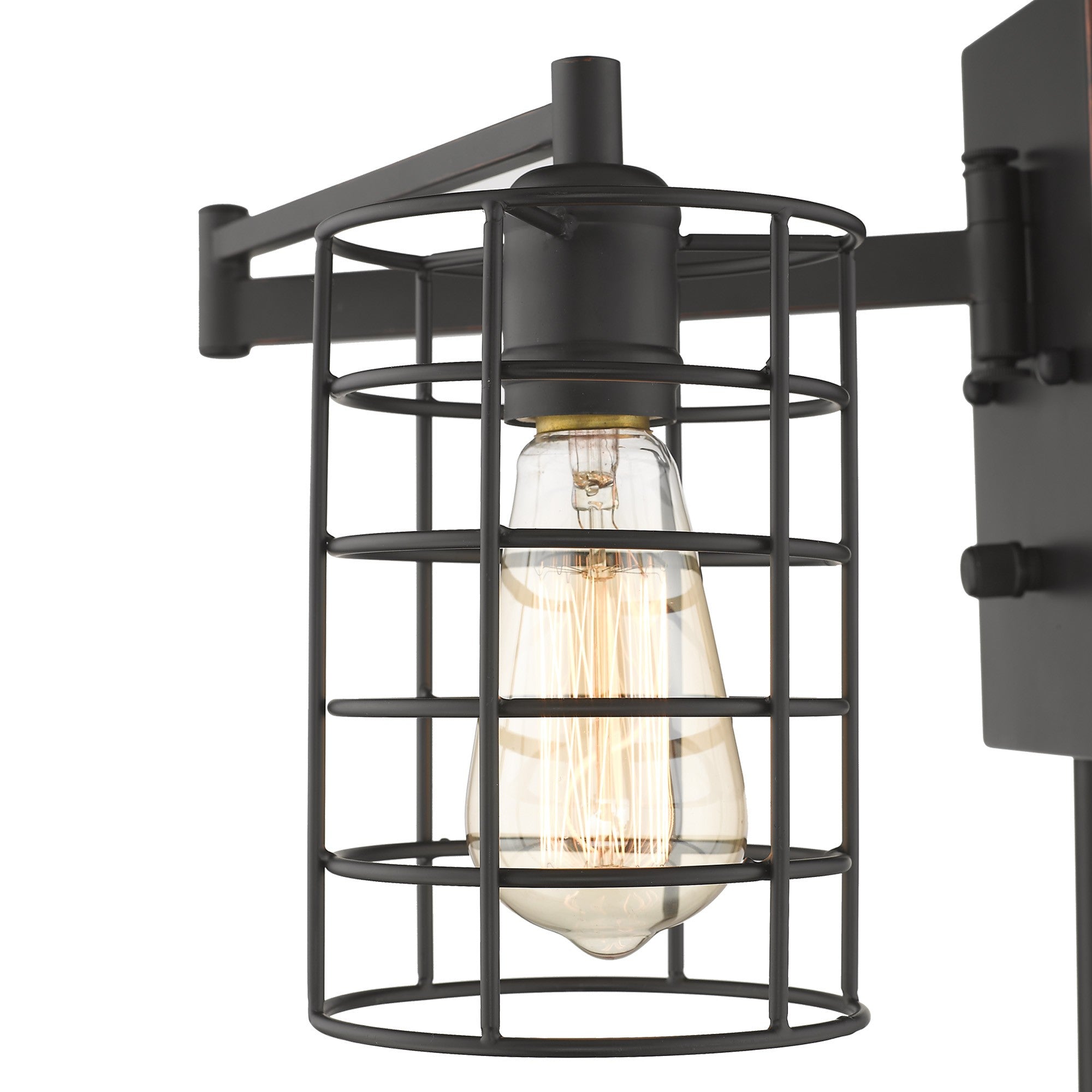 Zoomed in view of the swing arm and light cage of the lighted Industrial bronze metal wall sconce with adjustable swing arm and caged shade – vintage industrial indoor lighting fixture.