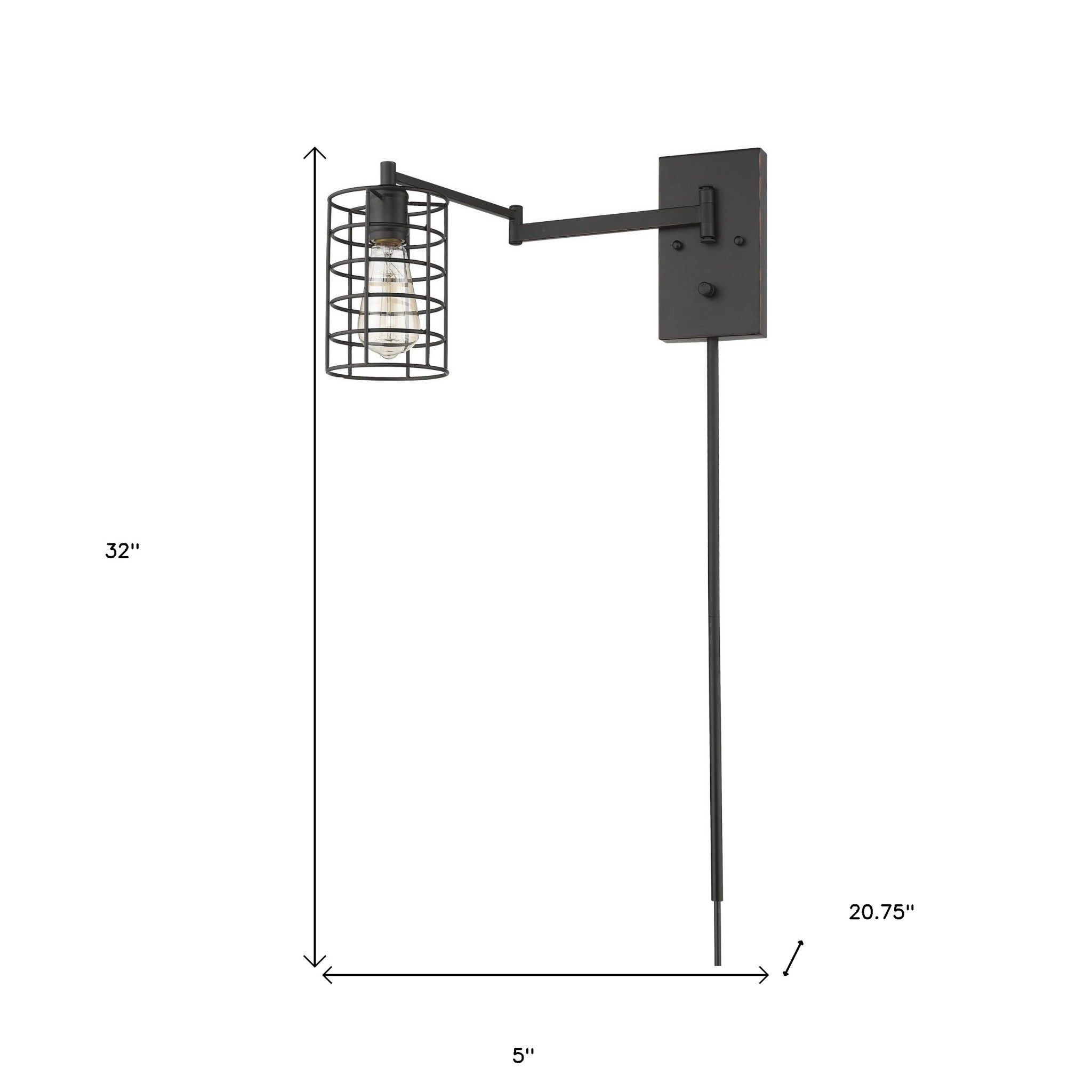 Industrial bronze metal wall sconce with adjustable swing arm and caged shade – vintage industrial indoor lighting fixture shown with dimensions of 32 inches high by 5 inches wide by 20 point 75 inches deep
