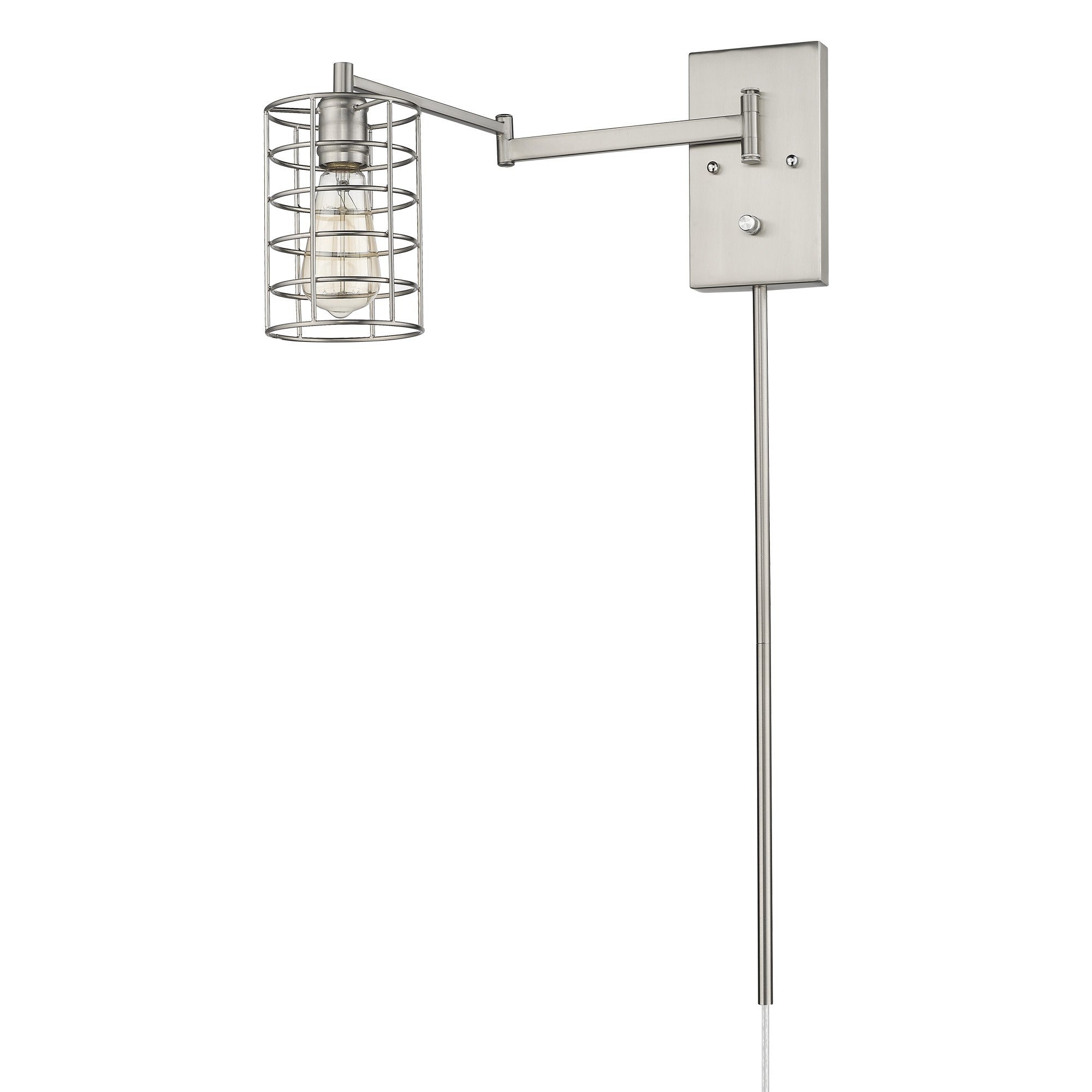 Right side angle view of the Industrial silver metal wall sconce with adjustable swing arm and caged shade – modern industrial indoor lighting fixture.