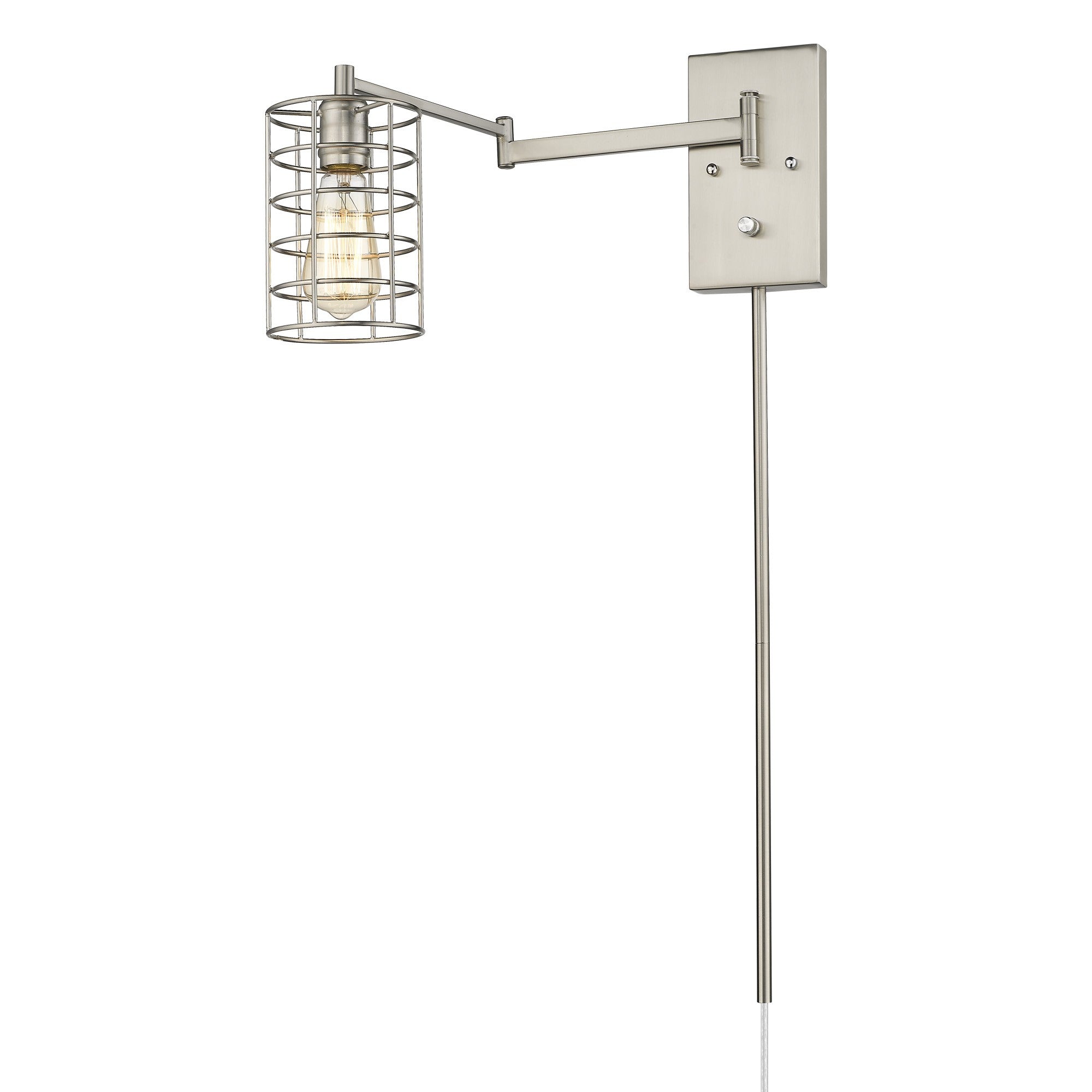 Right side angle view of the lighted Industrial silver metal wall sconce with adjustable swing arm and caged shade – modern industrial indoor lighting fixture.