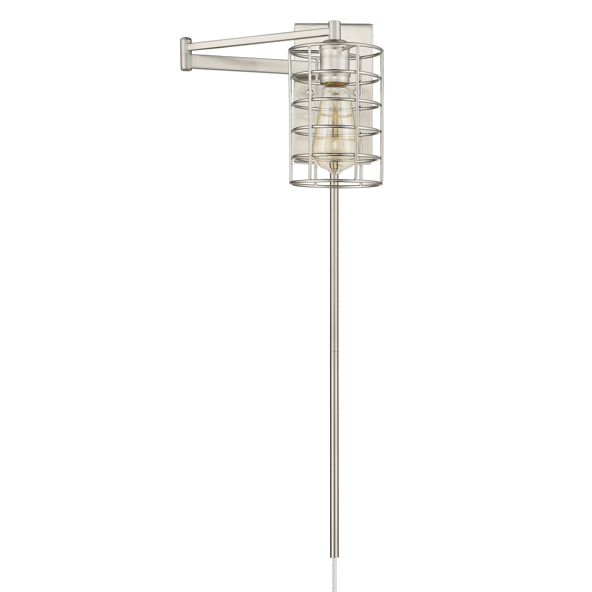Front view of the Industrial silver metal wall sconce with adjustable swing arm and caged shade – modern industrial indoor lighting fixture.