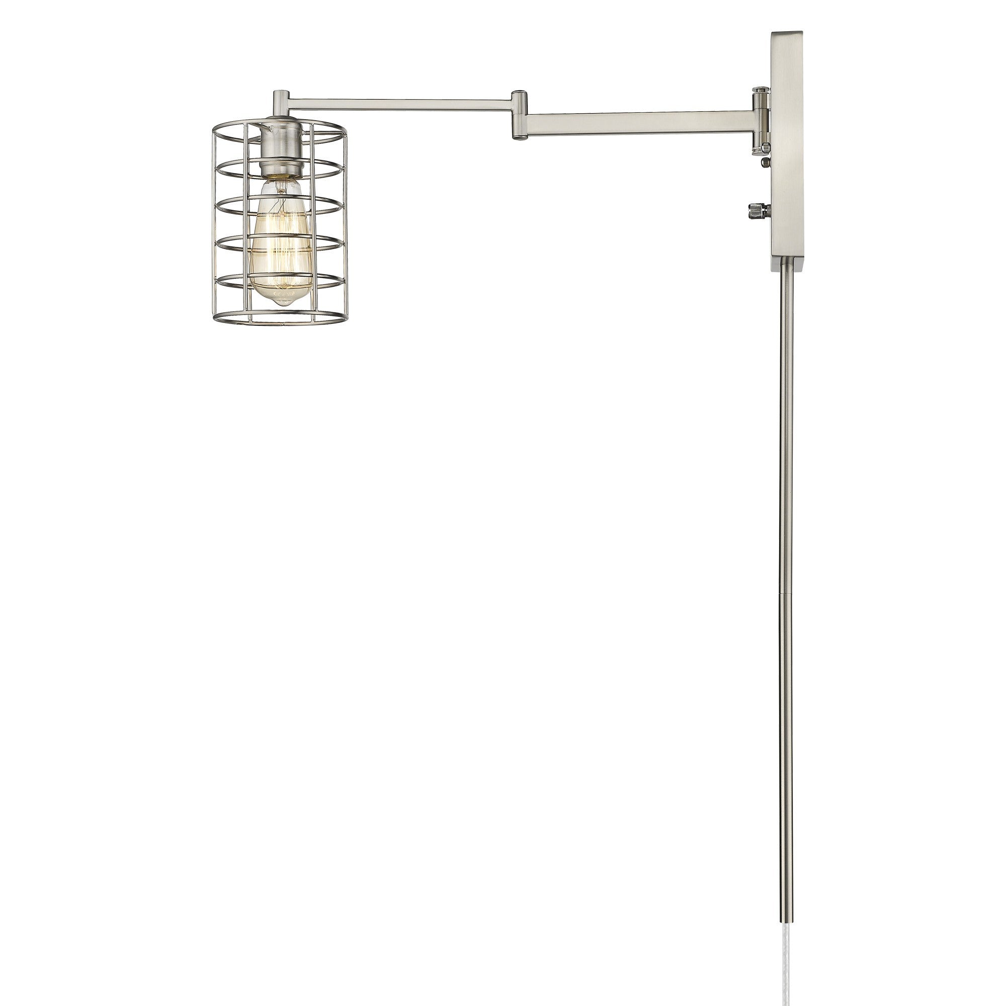 Side view of the Industrial silver metal wall sconce with adjustable swing arm and caged shade – modern industrial indoor lighting fixture.