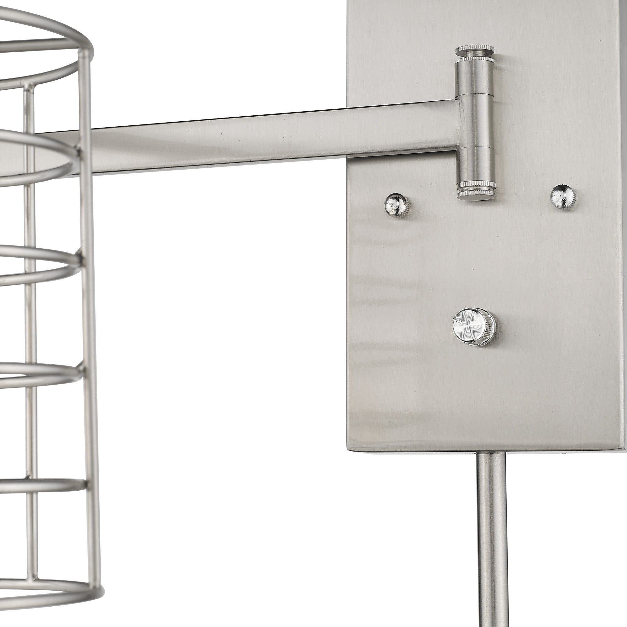 Zoomed in view of the wall plate and swing arm of the Industrial silver metal wall sconce with adjustable swing arm and caged shade – modern industrial indoor lighting fixture.