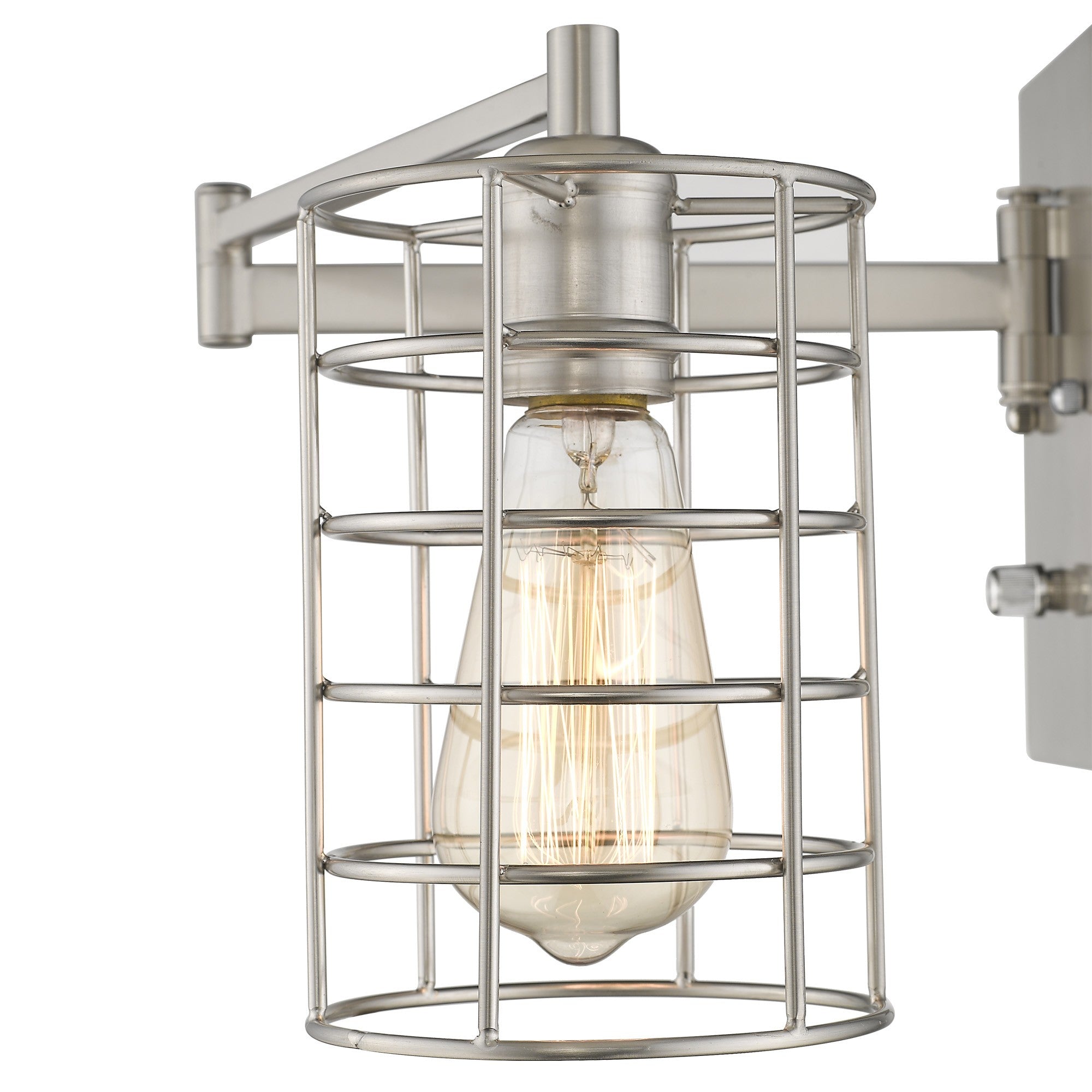 Zoomed in view of the base plate, swing arm, and light cage of the lighted Industrial silver metal wall sconce with adjustable swing arm and caged shade – modern industrial indoor lighting fixture.