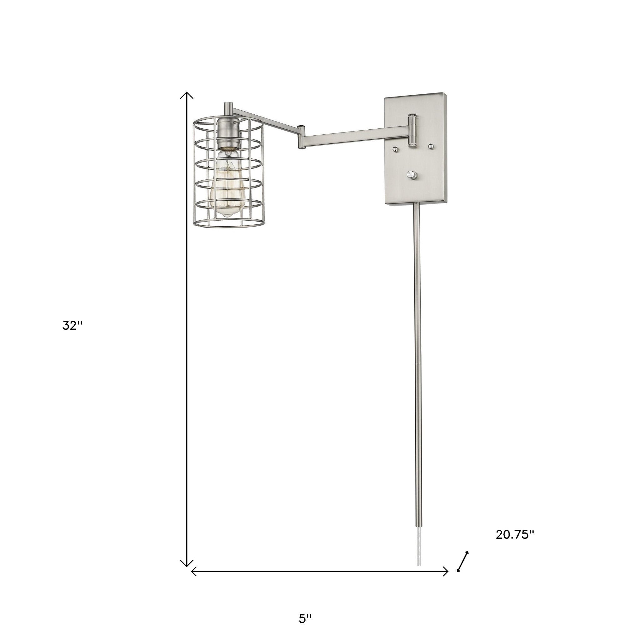 Industrial silver metal wall sconce with adjustable swing arm and caged shade – modern industrial indoor lighting fixture shown with dimensions of 32 inches high by 5 inches wide by 20 point 75 inches deep