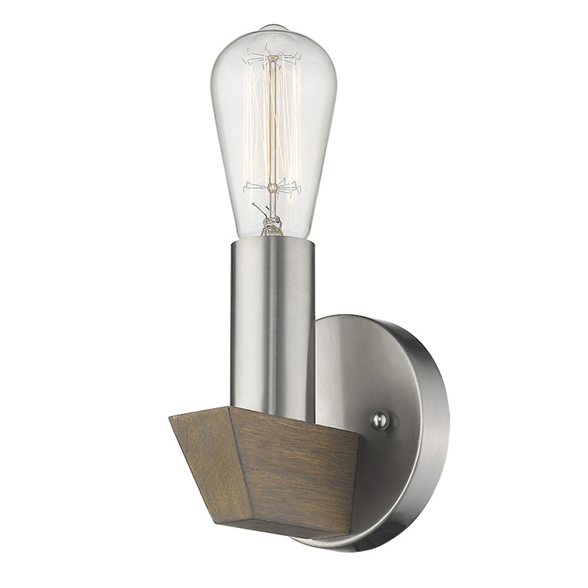 Right side angled view of the lighted Silver metal wall sconce with dark wood accent – modern rustic indoor lighting fixture for home décor.