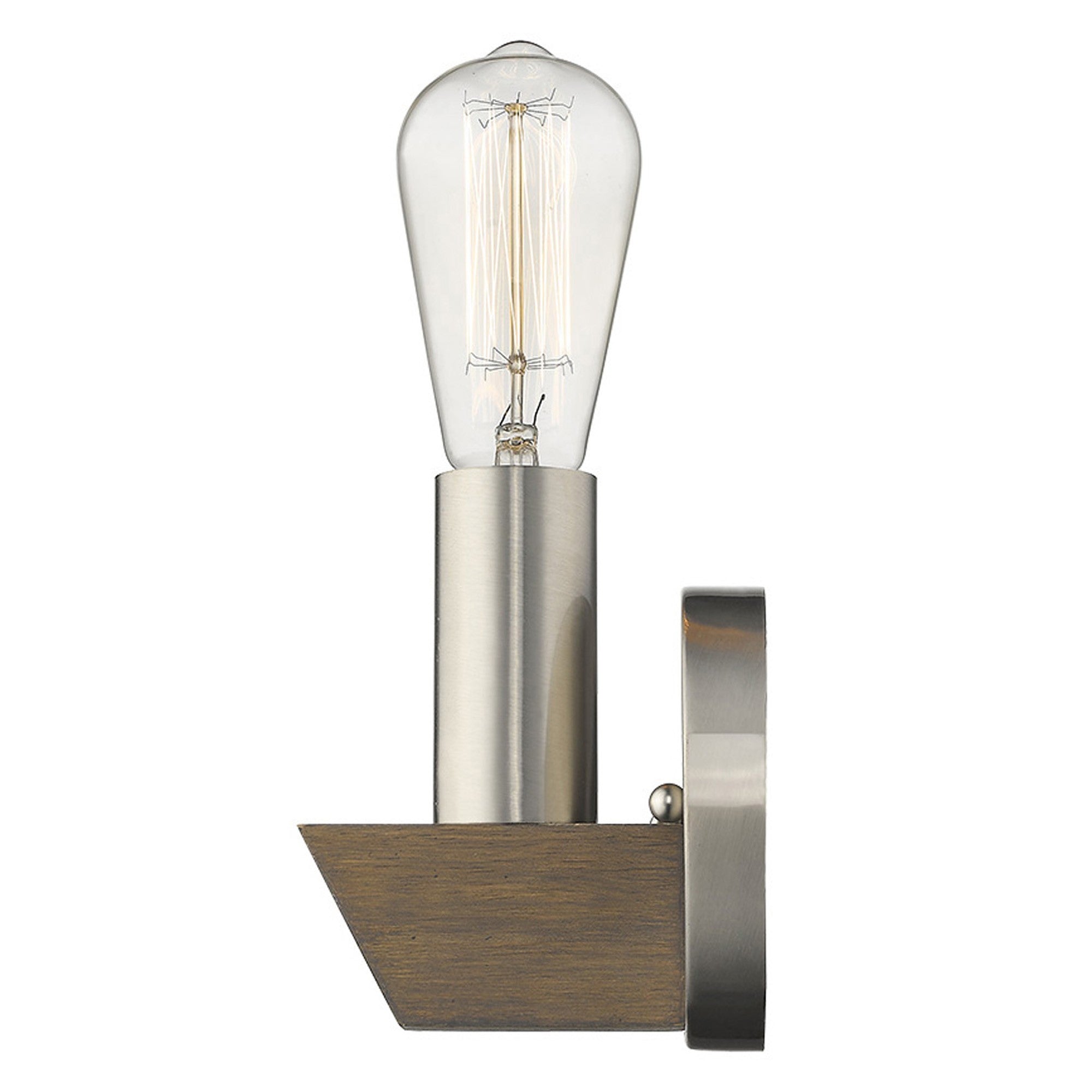 Side view of the lighted Silver metal wall sconce with dark wood accent – modern rustic indoor lighting fixture for home décor.
