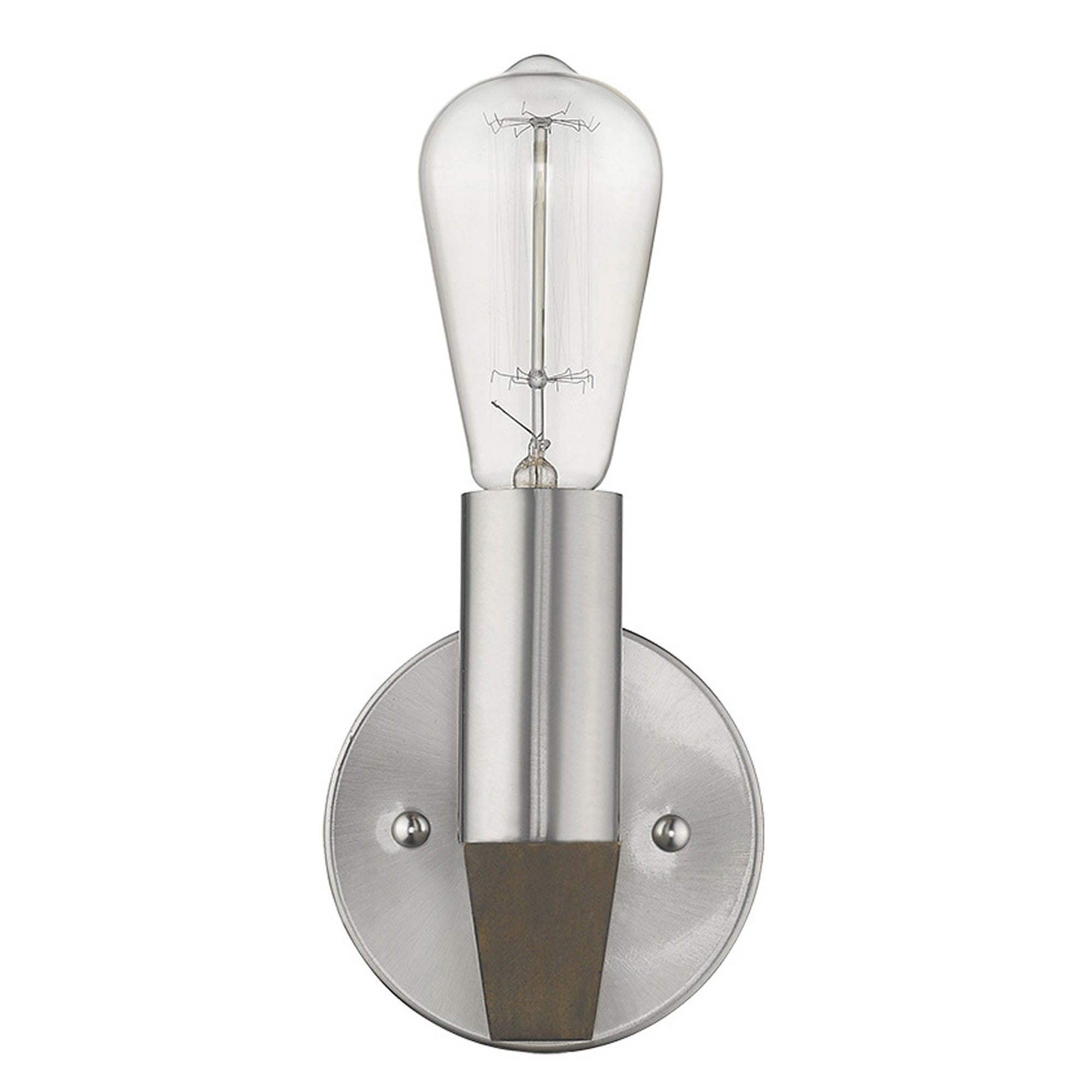 Front view of the Silver metal wall sconce with dark wood accent – modern rustic indoor lighting fixture for home décor.