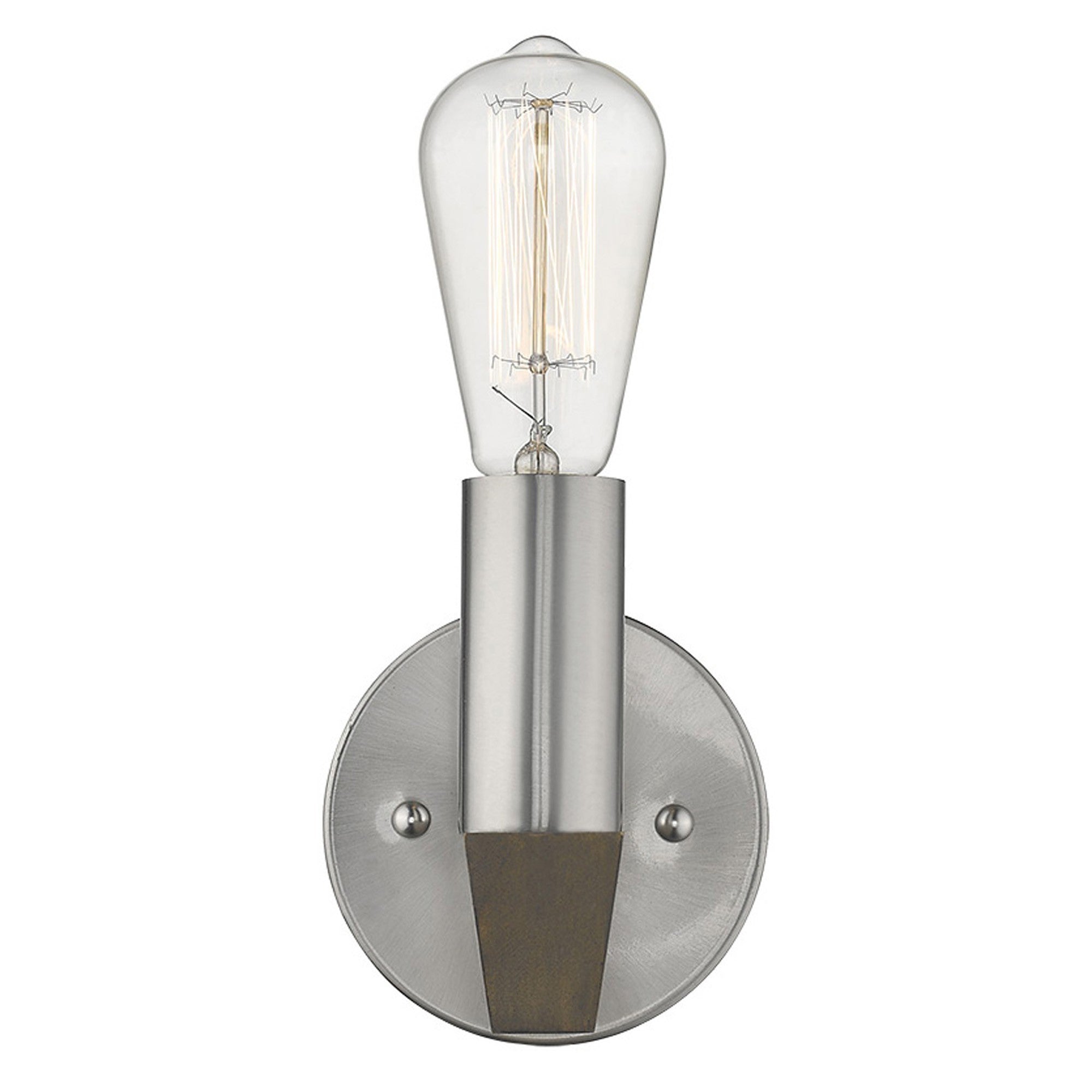 Front view of the lighted Silver metal wall sconce with dark wood accent – modern rustic indoor lighting fixture for home décor.