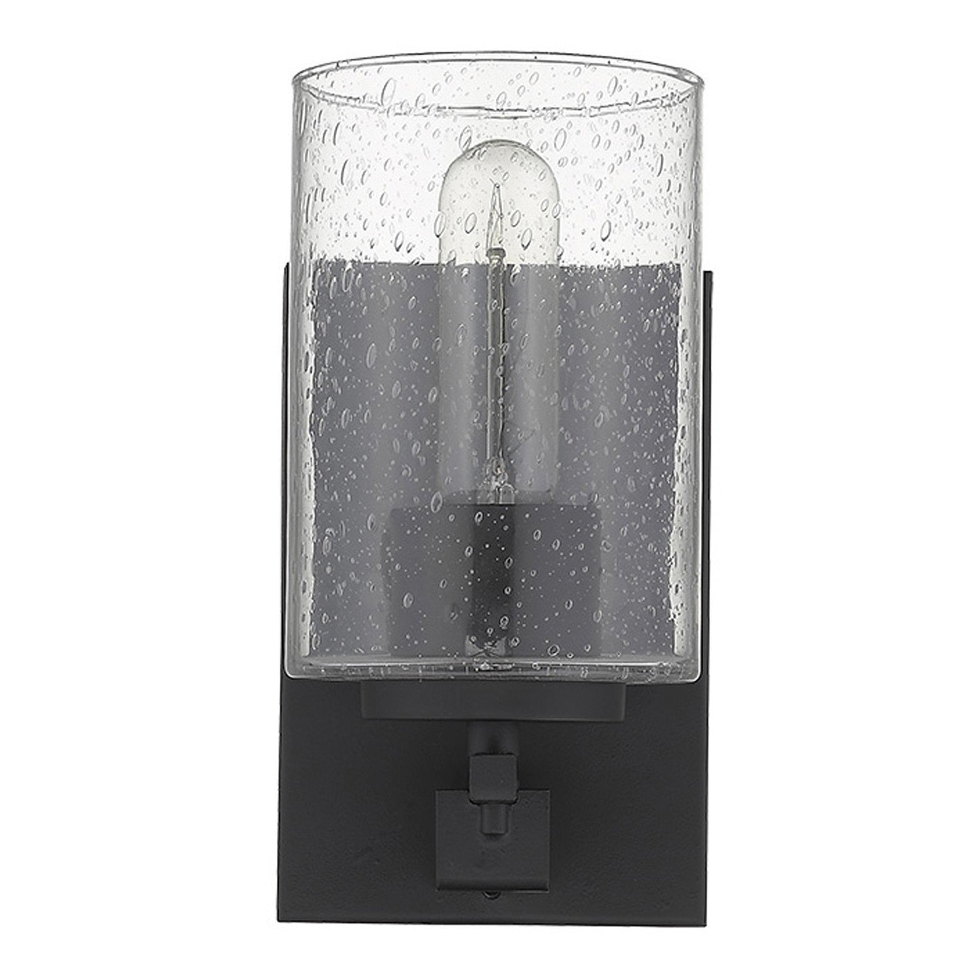 Front view of A black metal and textured glass wall sconce with a clear glass shade and a warm light bulb visible, mounted on a black wall bracket.