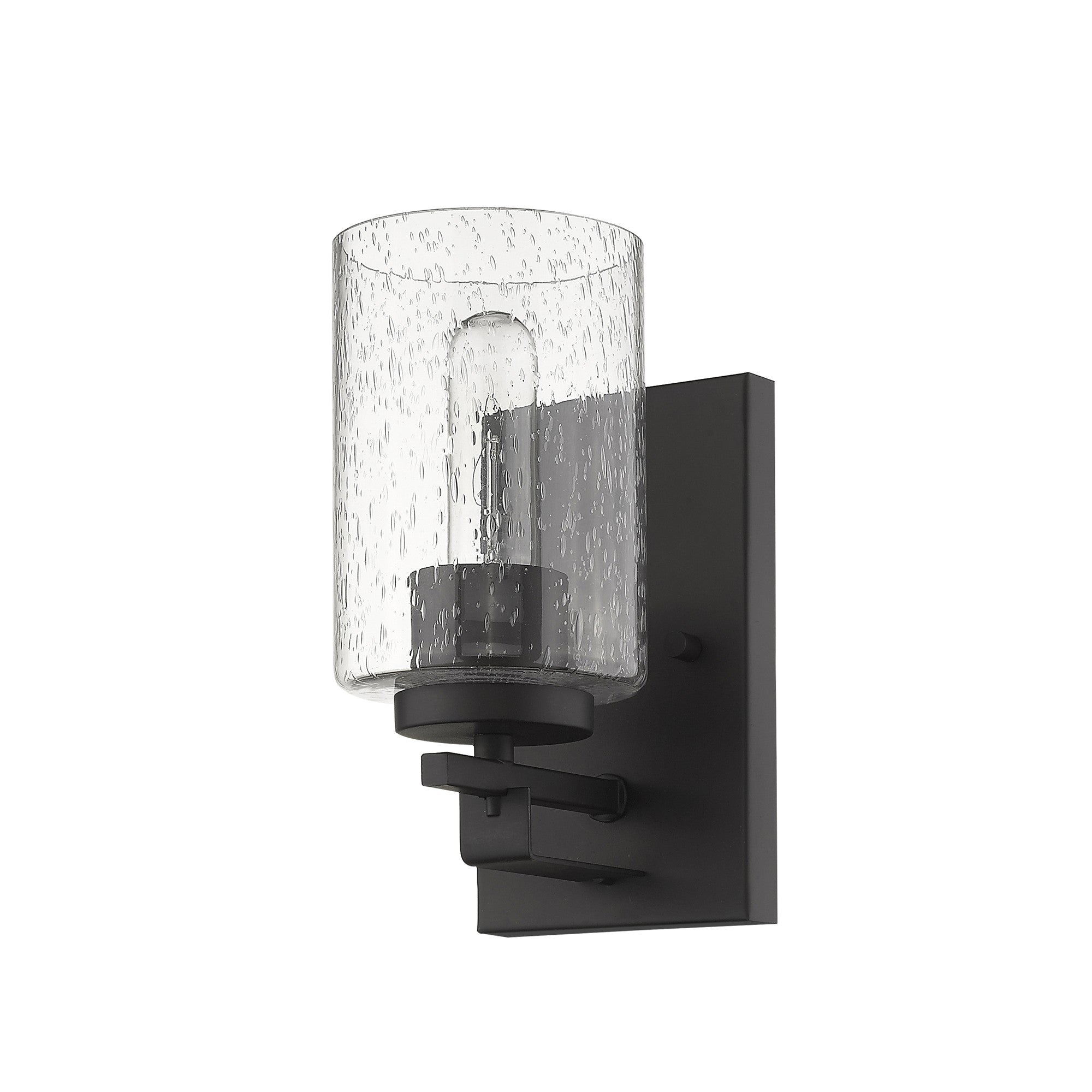 Bottom up right side view of the Bronze metal wall sconce with clear seeded glass shade – modern indoor wall lighting fixture.