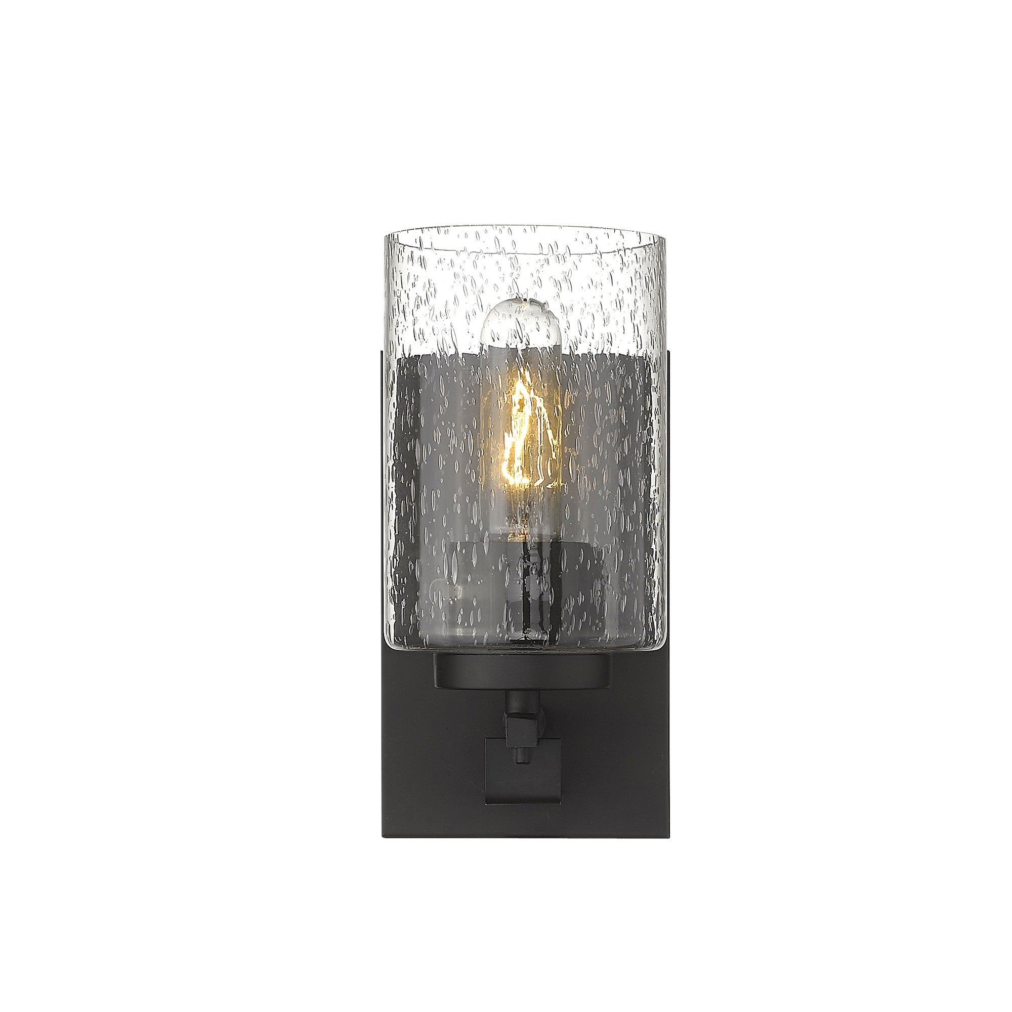 Front view of the lighted Bronze metal wall sconce with clear seeded glass shade – modern indoor wall lighting fixture.