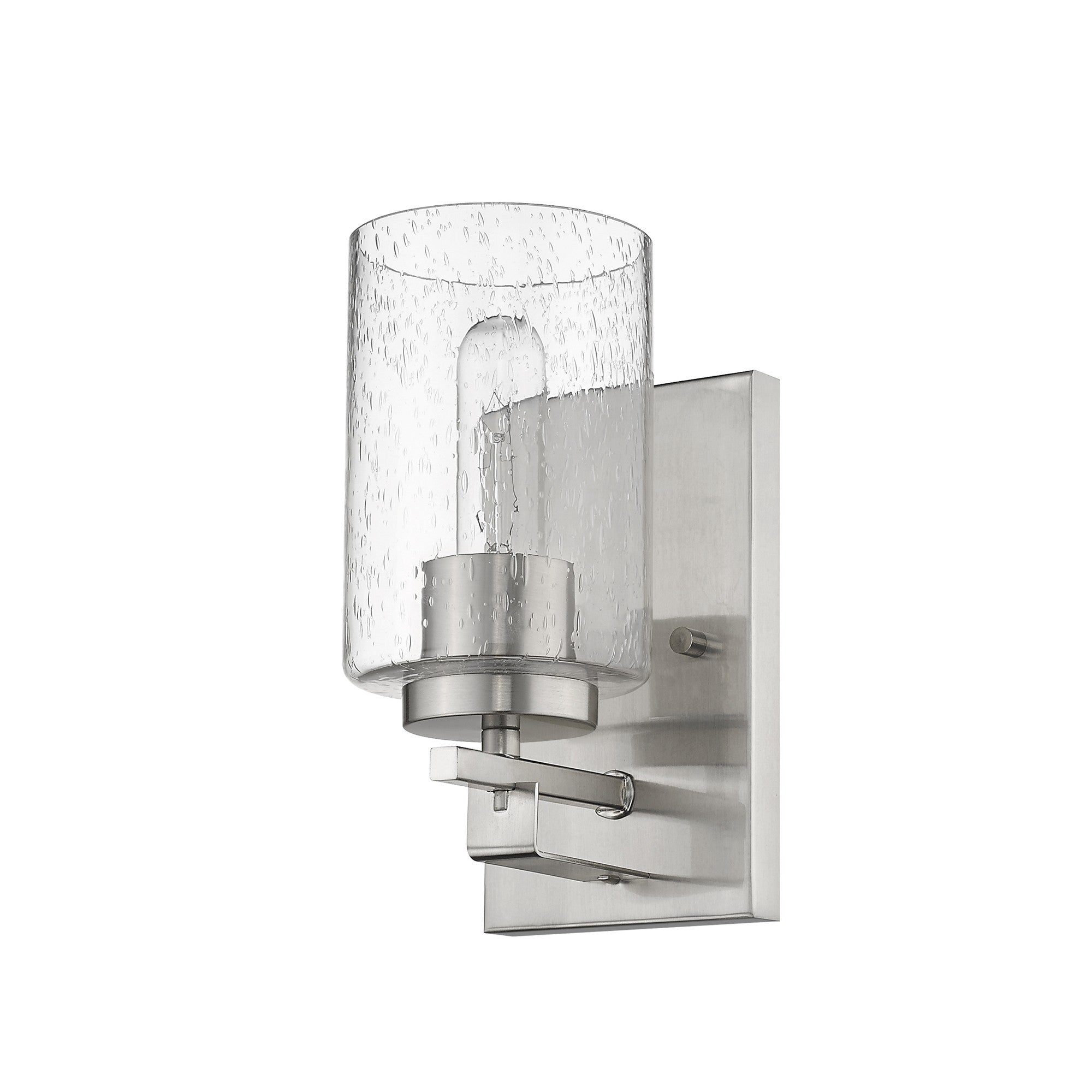 Right bottom up angle view of the Silver metal wall sconce with raindrop-textured glass shade, modern single-light design