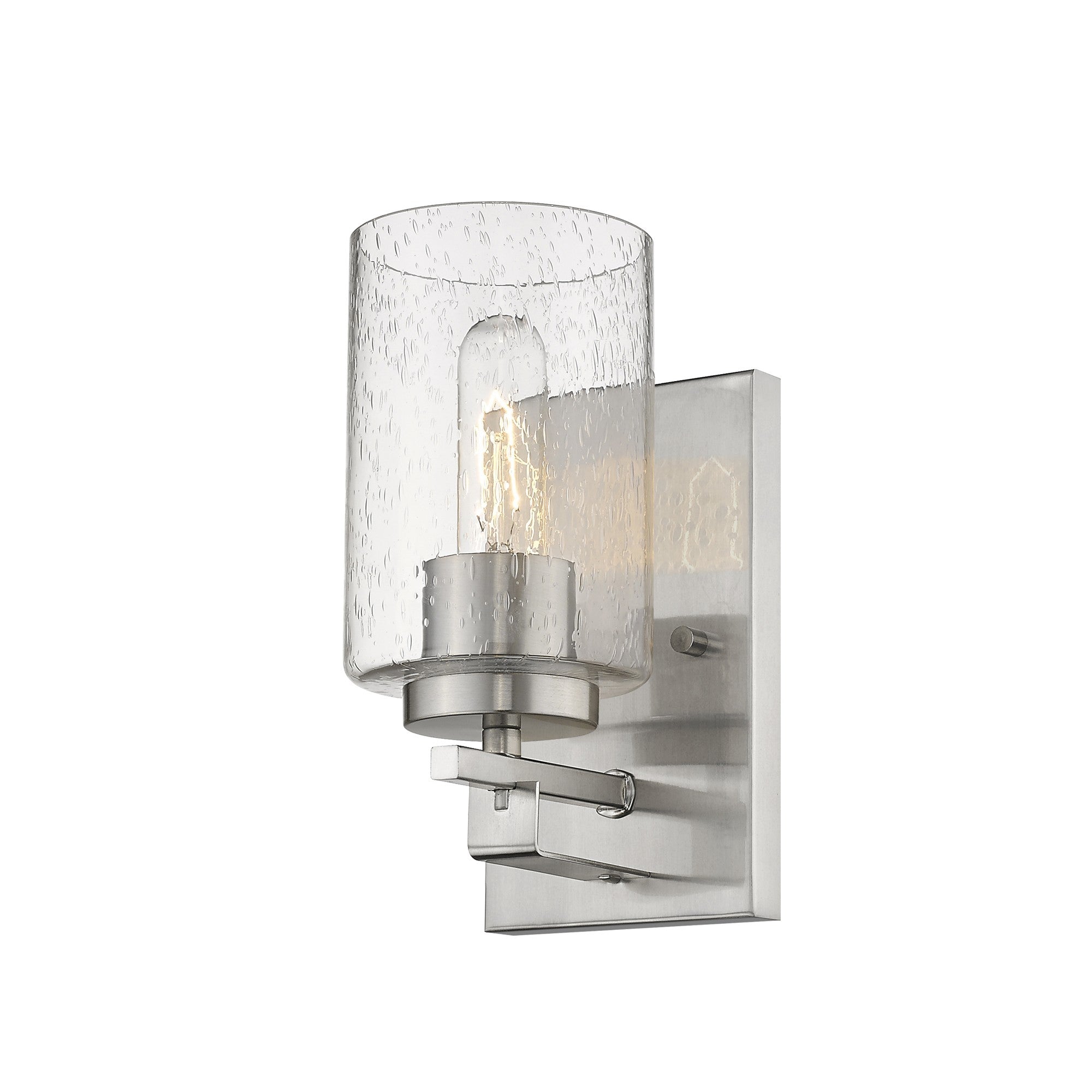 Right bottom up angle view of the lighted Silver metal wall sconce with raindrop-textured glass shade, modern single-light design
