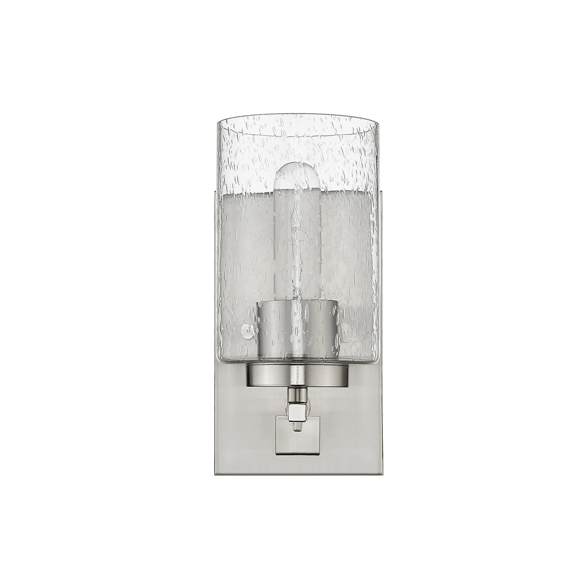 Front view of the Silver metal wall sconce with raindrop-textured glass shade, modern single-light design