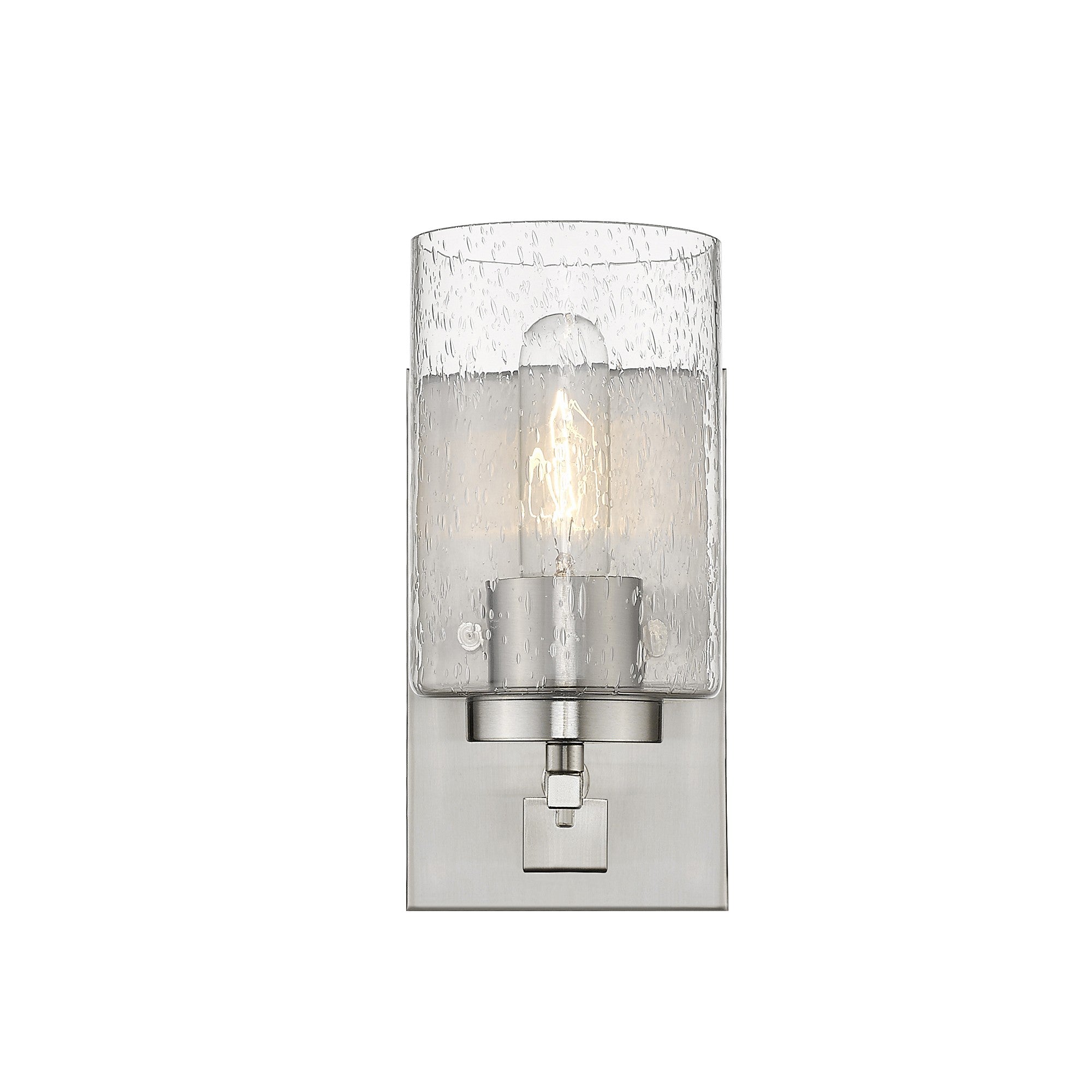 Front view of the lighted Silver metal wall sconce with raindrop-textured glass shade, modern single-light design