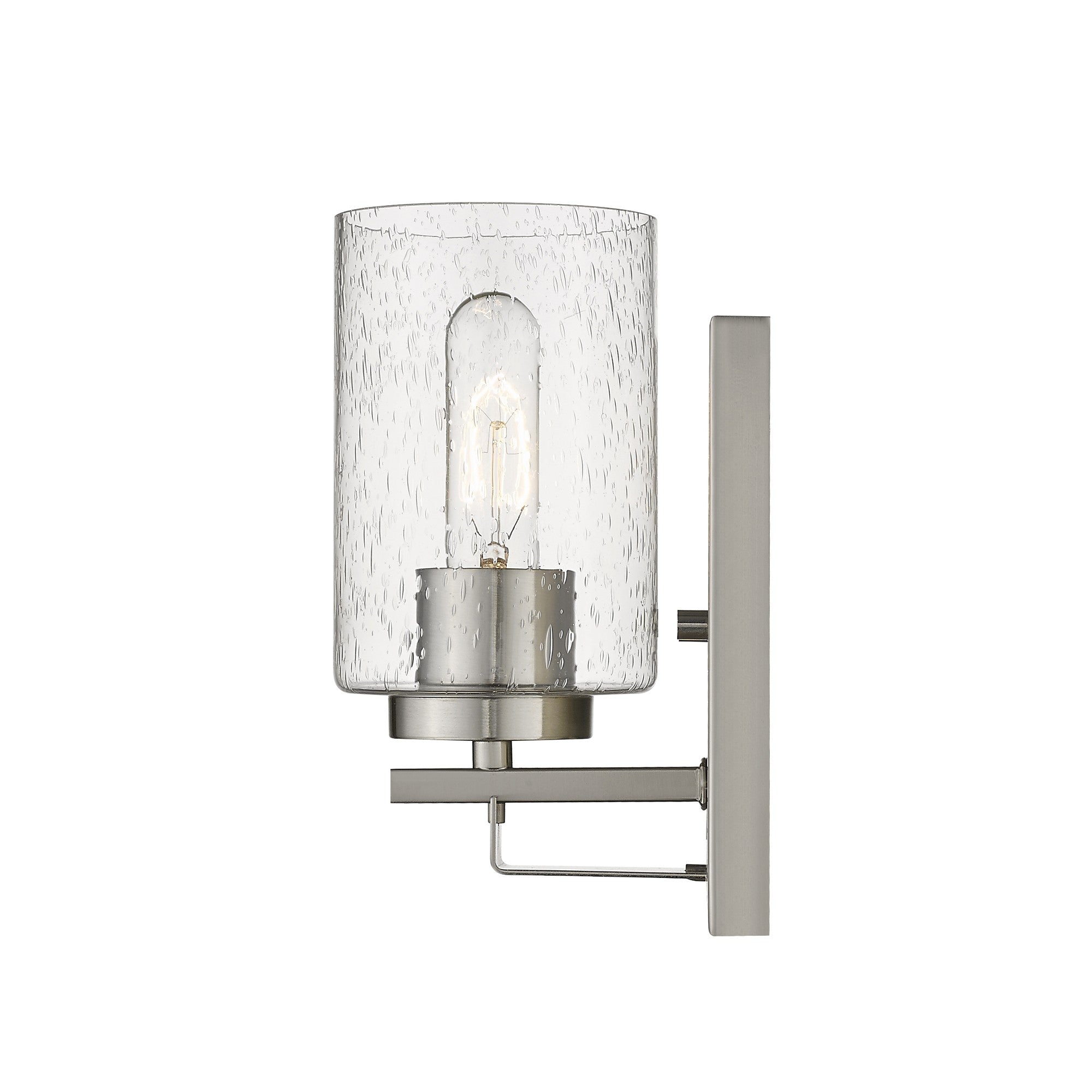 Side view of the lighted Silver metal wall sconce with raindrop-textured glass shade, modern single-light design