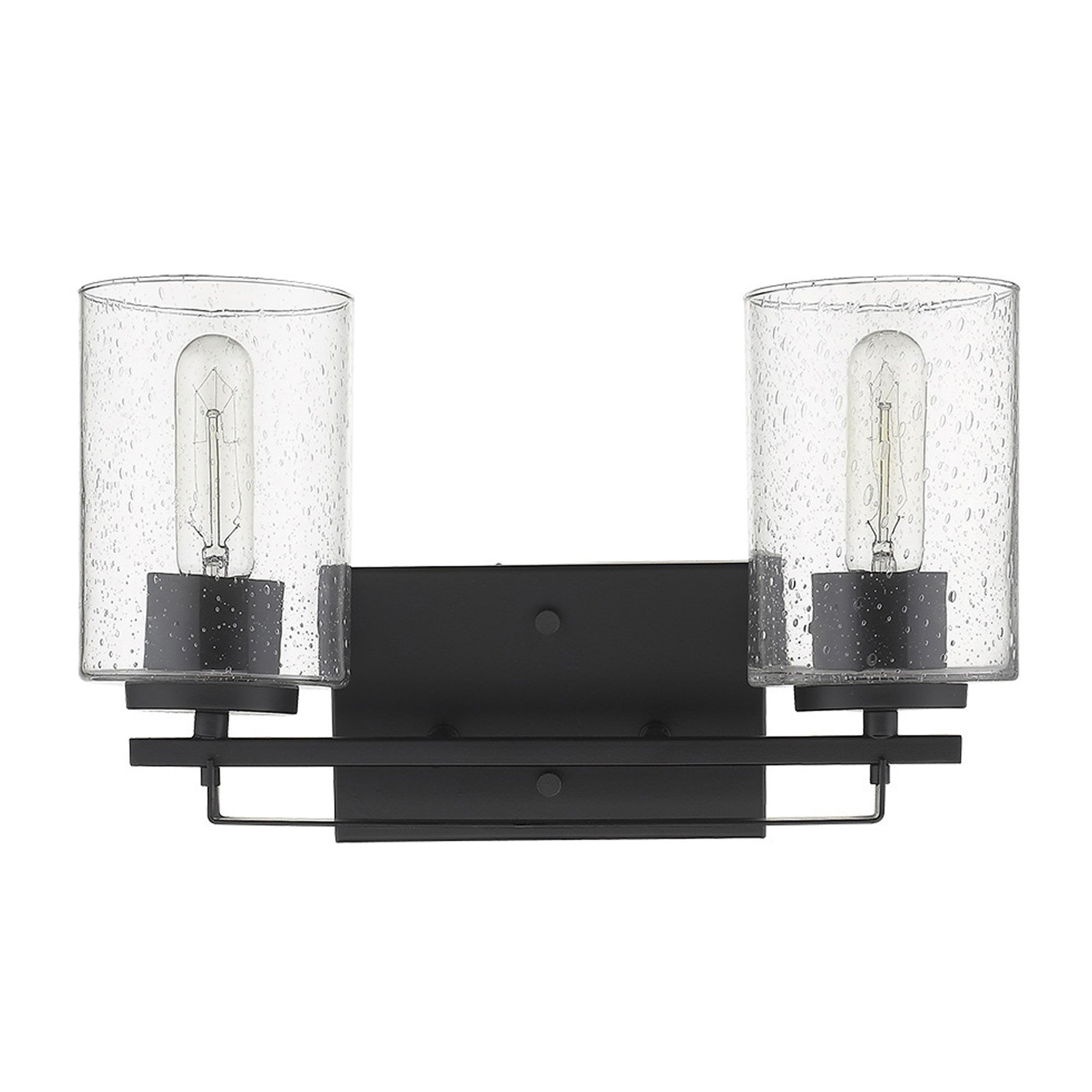 Front view of the Black metal and textured raindrop glass two-light wall sconce with modern design for bathroom, hallway, or living room.