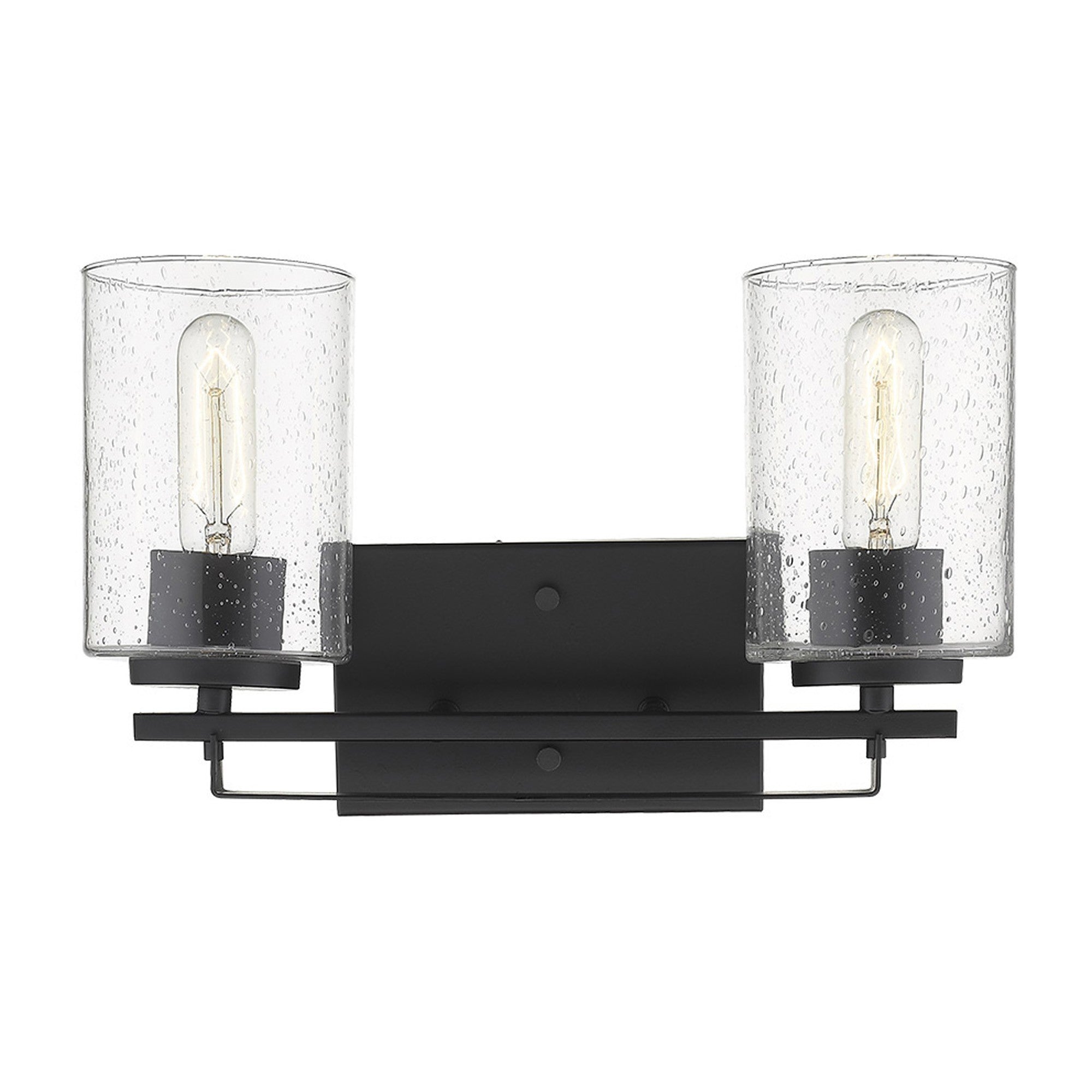 Front view of lighted Black metal and textured raindrop glass two-light wall sconce with modern design for bathroom, hallway, or living room.